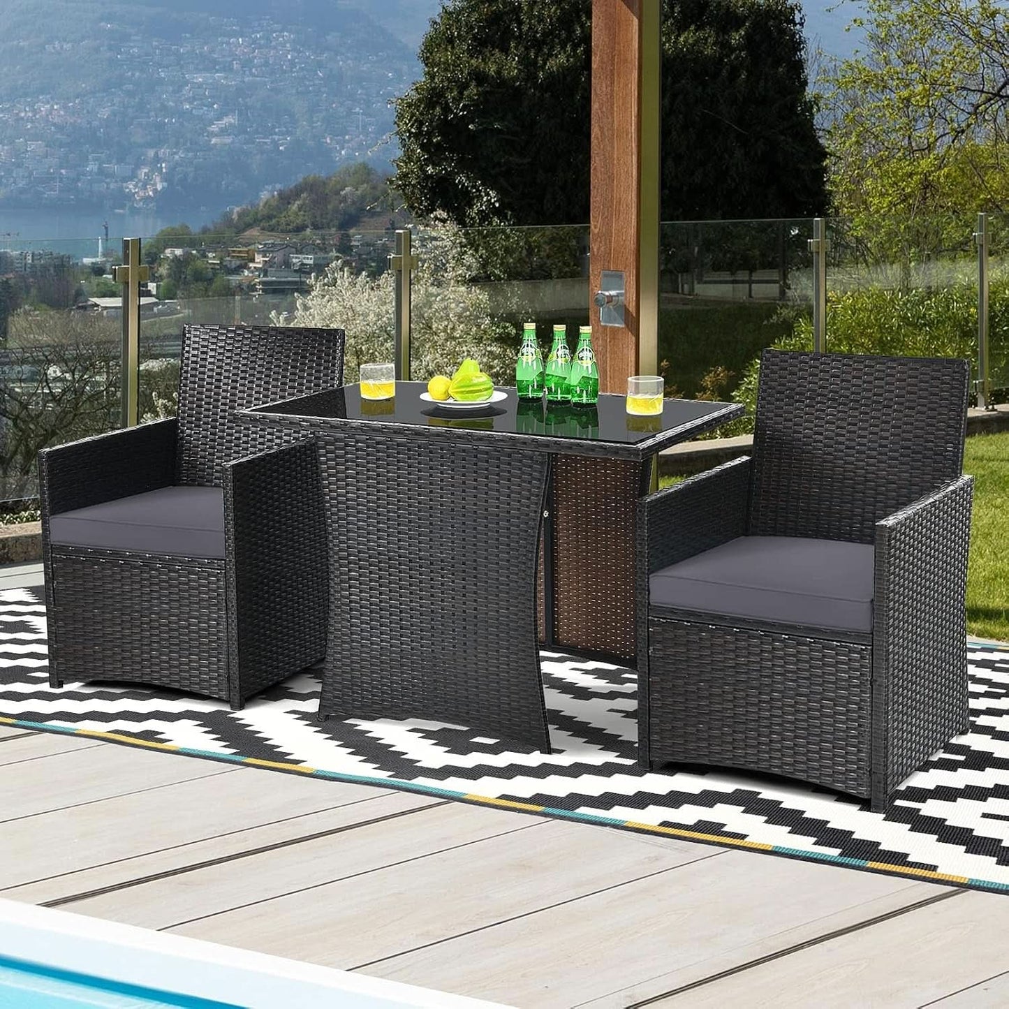 Gray 3 Piece Patio Dining Set With Tempered Glass Table For Outdoor Garden Poolside And Porch