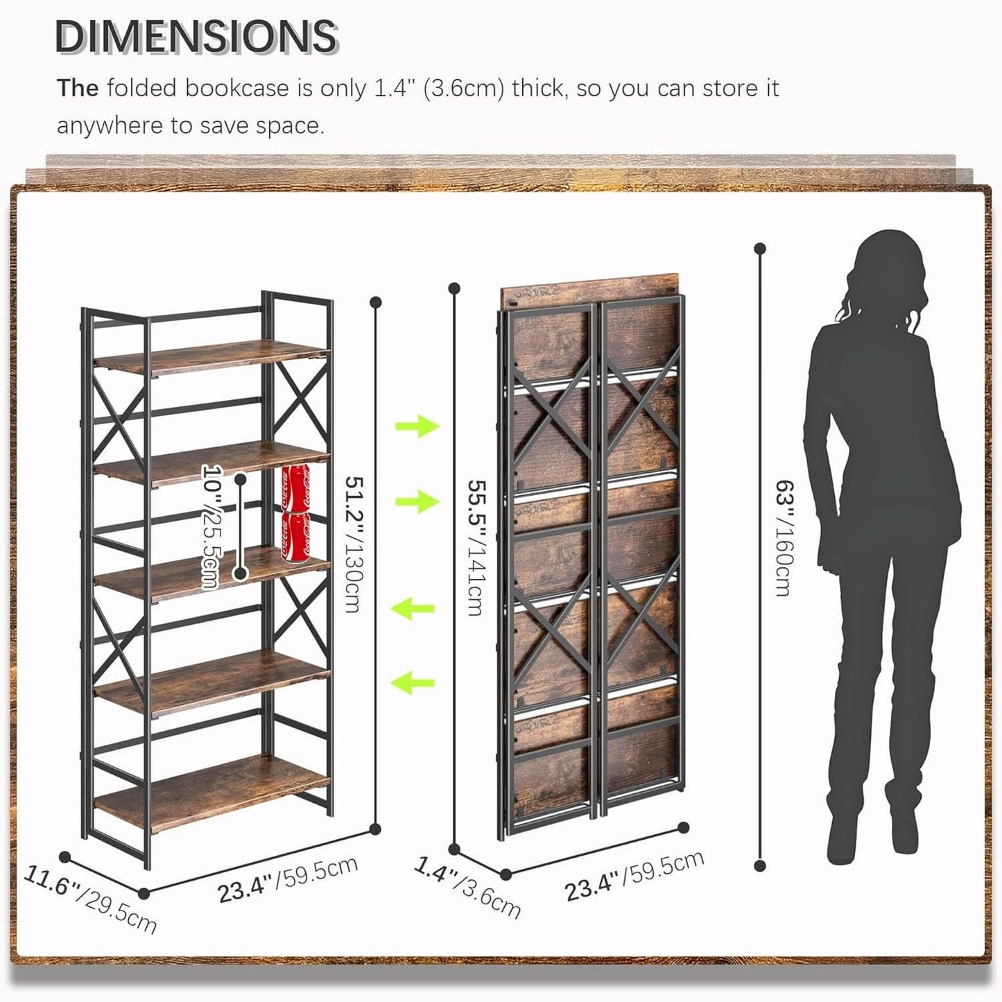 5 Tier Folding Bookshelf No Assembly Rustic Brown Storage