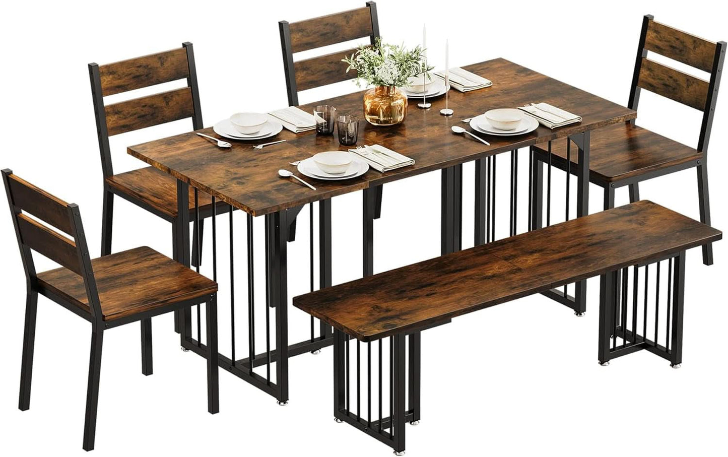 63 Inches Luxurious Farmhouse Dining Table Set Walnut