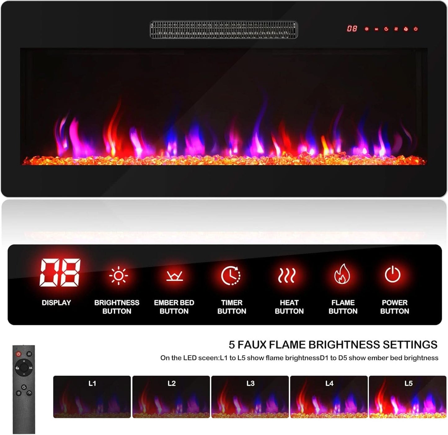 68 Inch TV Stand With 36 Inch Electric Fireplace Heater