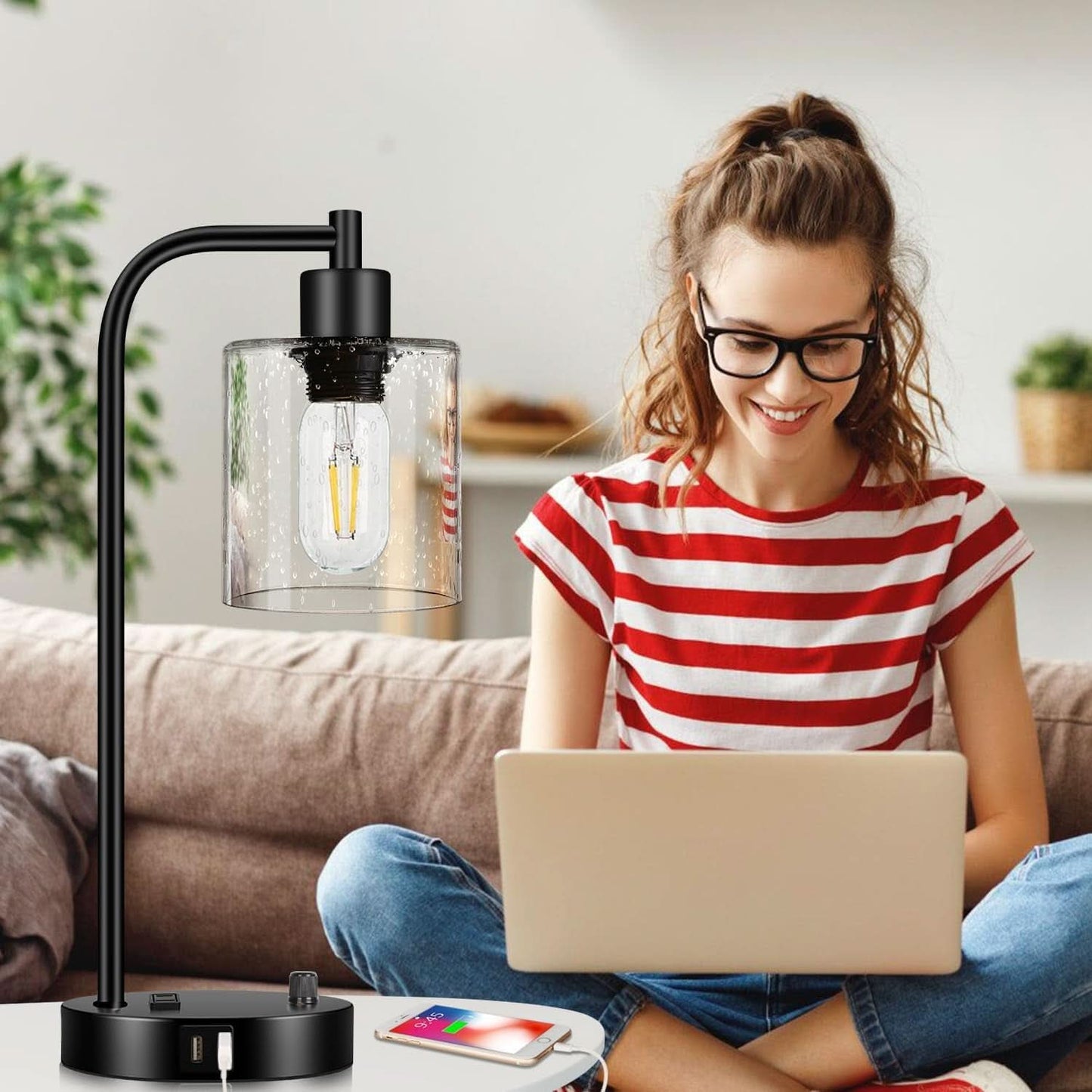 Set Of 2 Industrial Table Lamps With USB Ports And Stepless Dimming