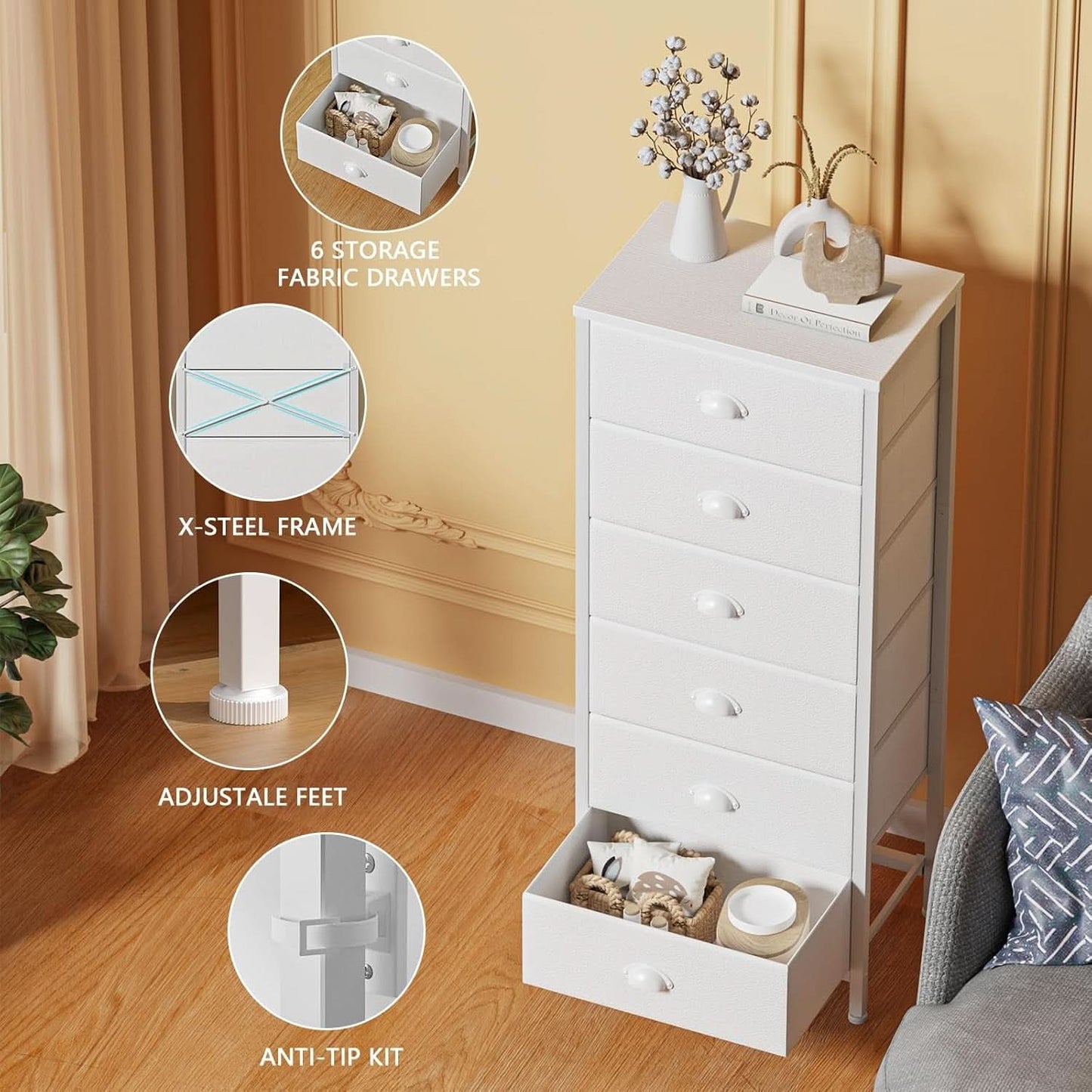 White Tall Dresser With Six Fabric Drawers For Organization