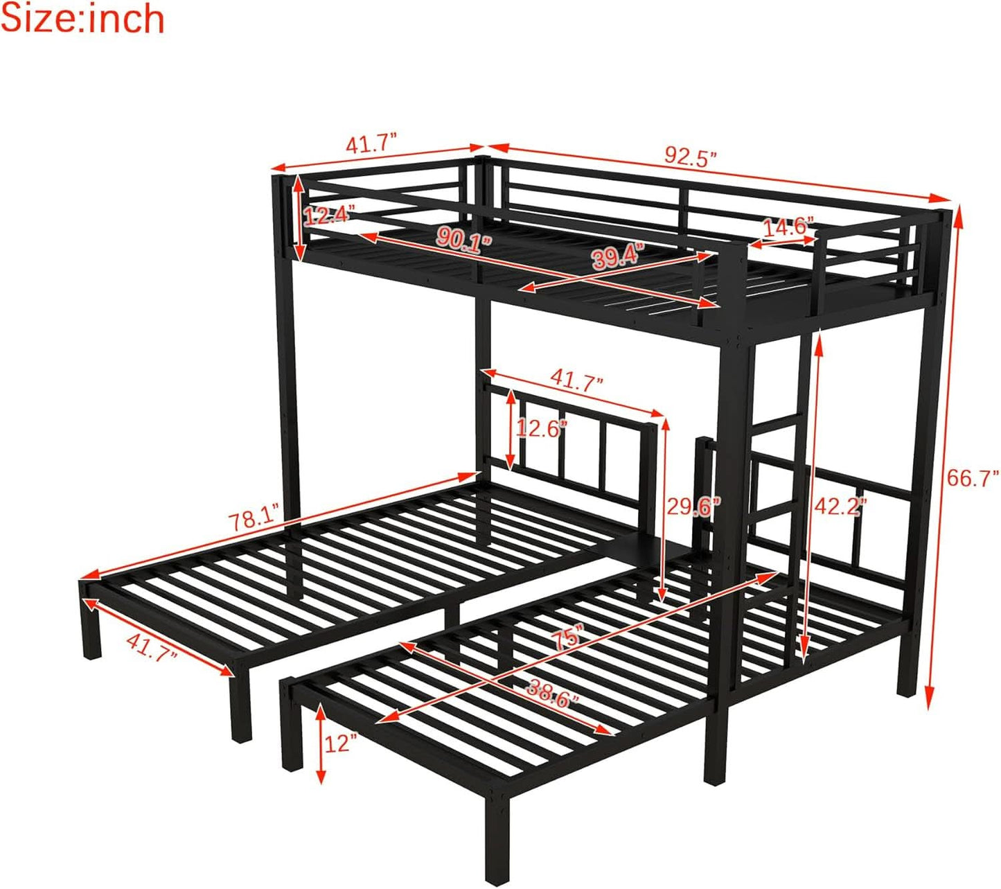 Triple Bunk Bed For Kids Metal Twin Over Twin Black