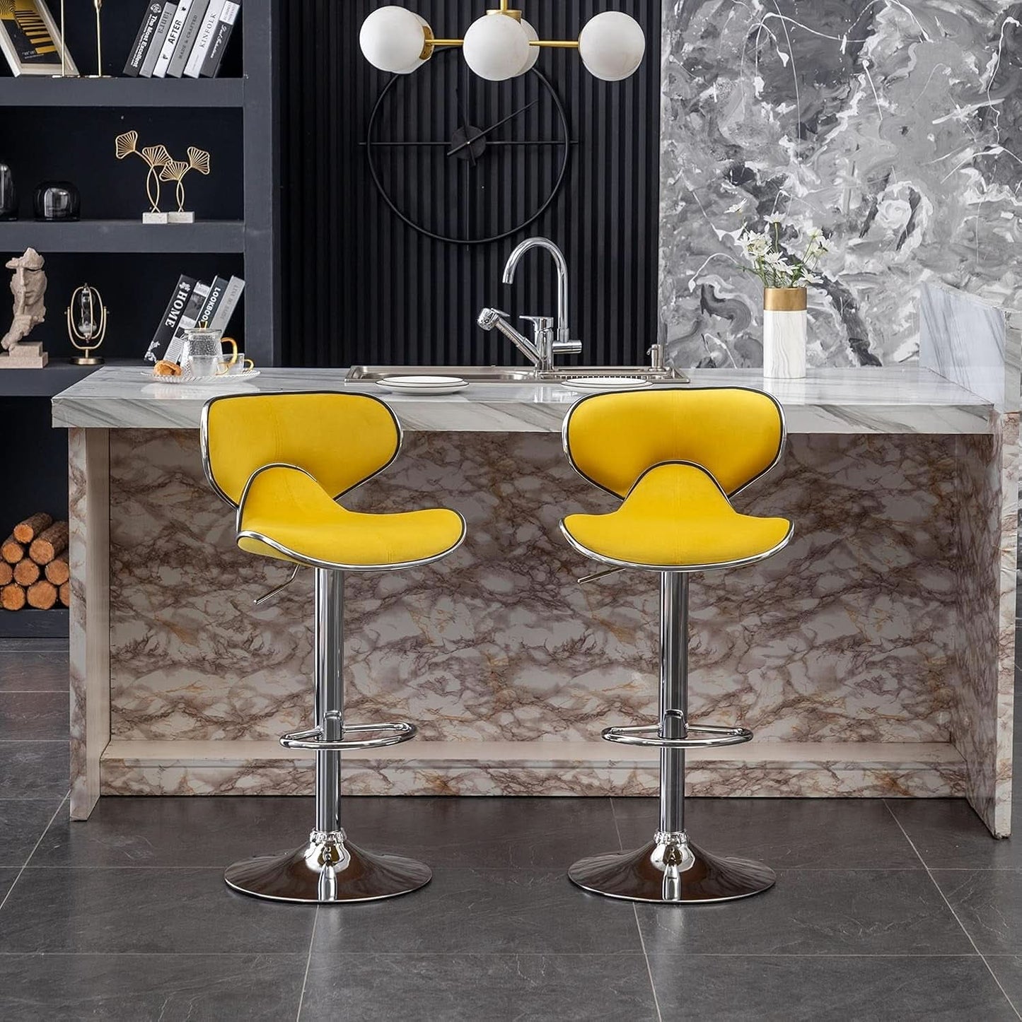 Masaccio Velvet Adjustable Swivel Bar Stool Set Of 2 Yellow