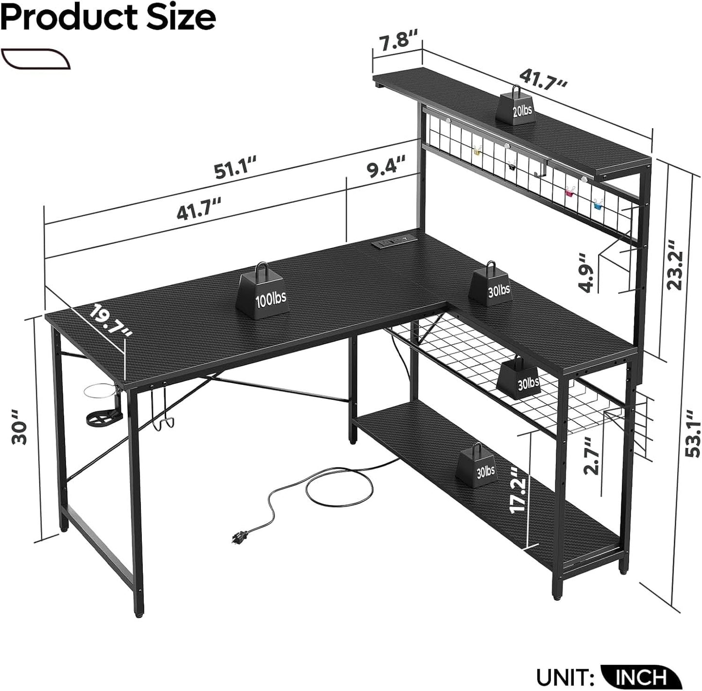 51-Inch L-Shaped Gaming Desk With LED Lights For Office