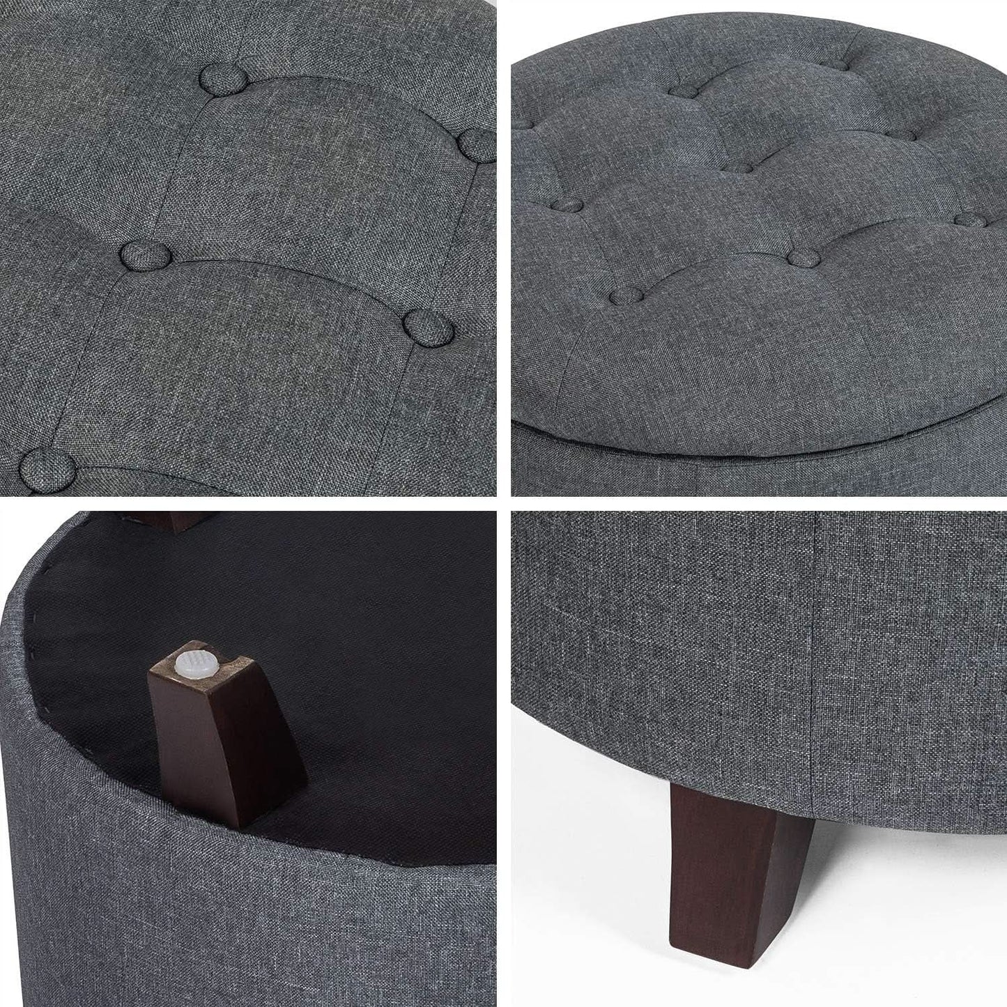 Gray Fabric Round Storage Ottoman With Button Tufting