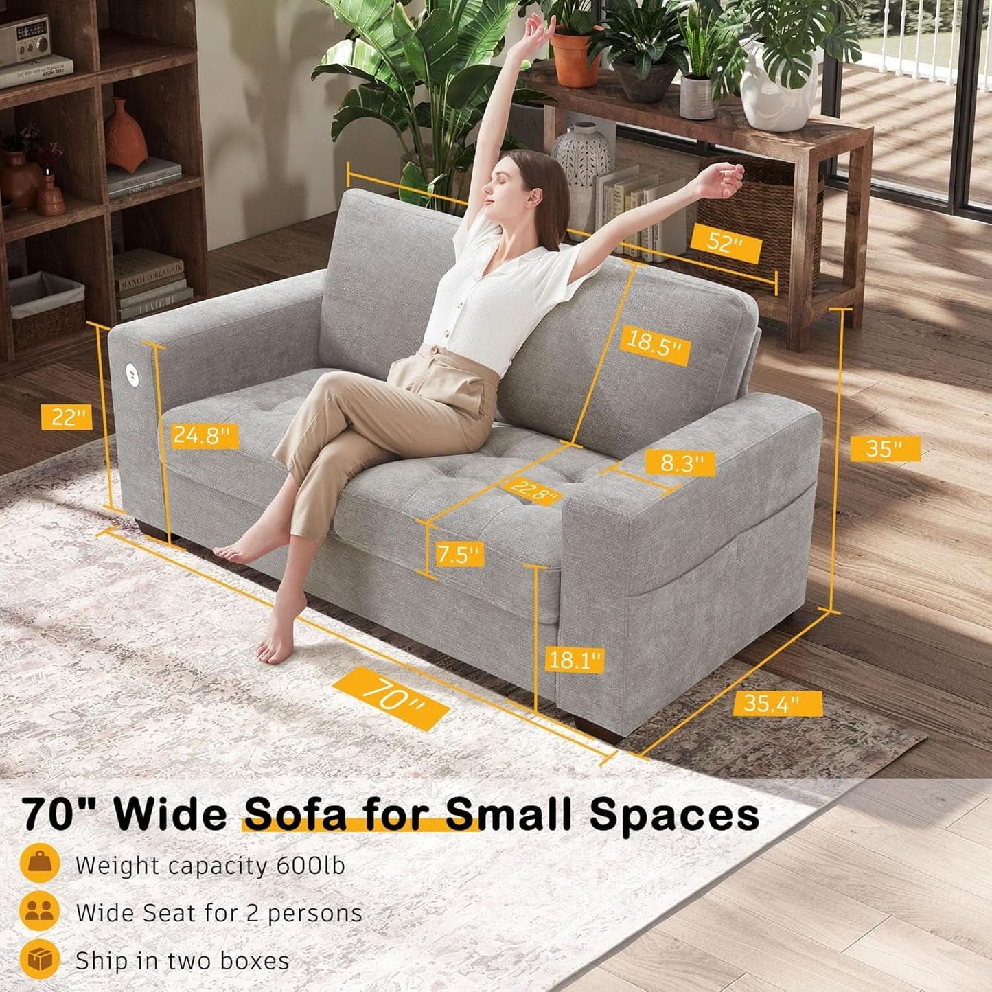 70 Inch Gray Chenille Loveseat With USB C Ports And Plush Cushions