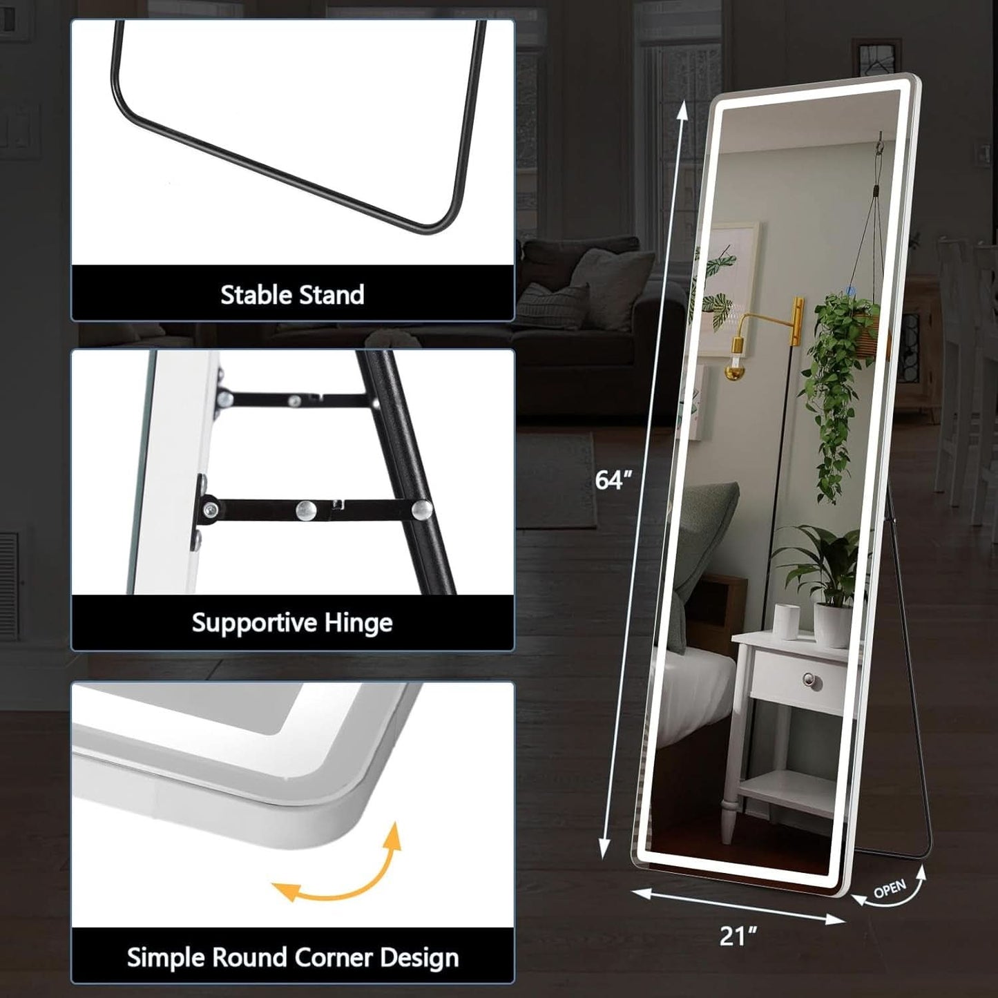 LED 20x63 Full Length Mirror With 3 Color Lights For Bedroom