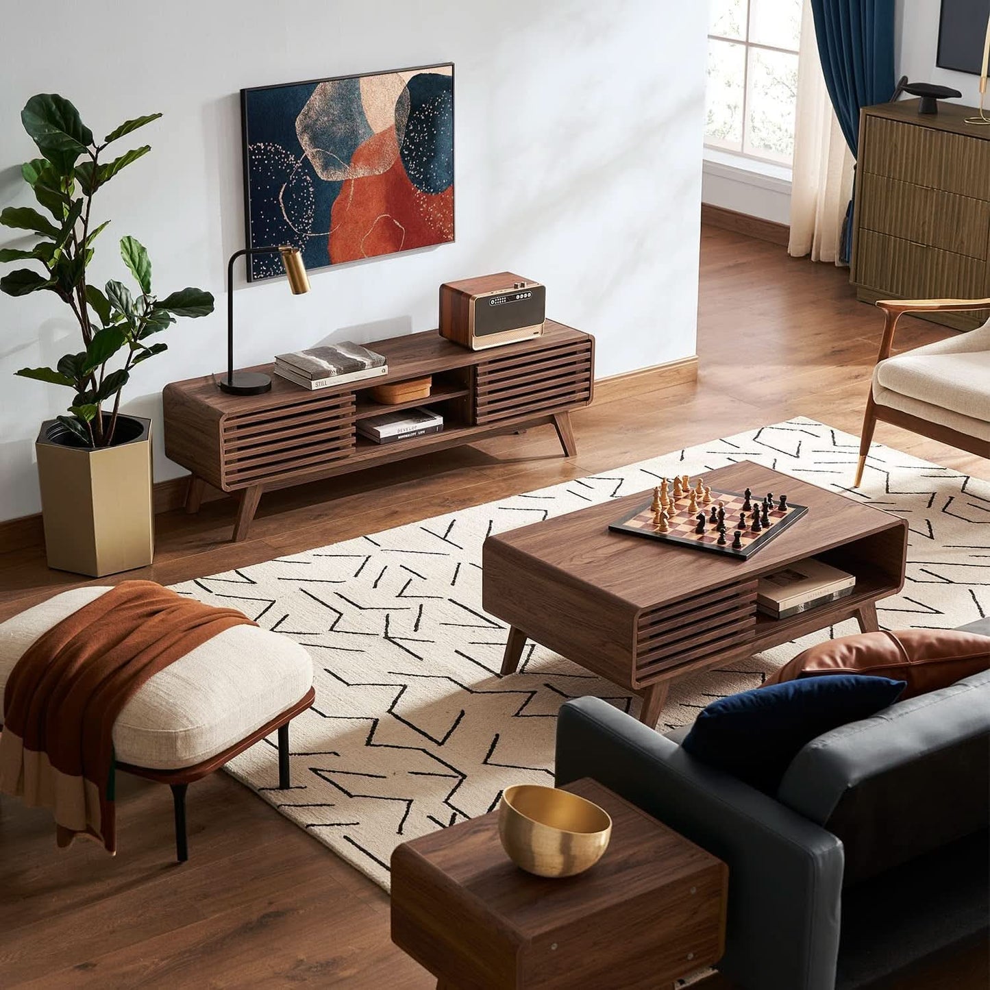 59 Inch Walnut TV Stand Mid Century Modern Console