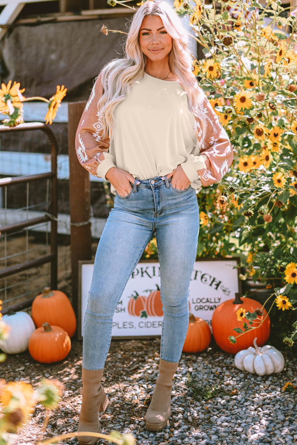 Mila Western Print Patch Long Sleeve Top