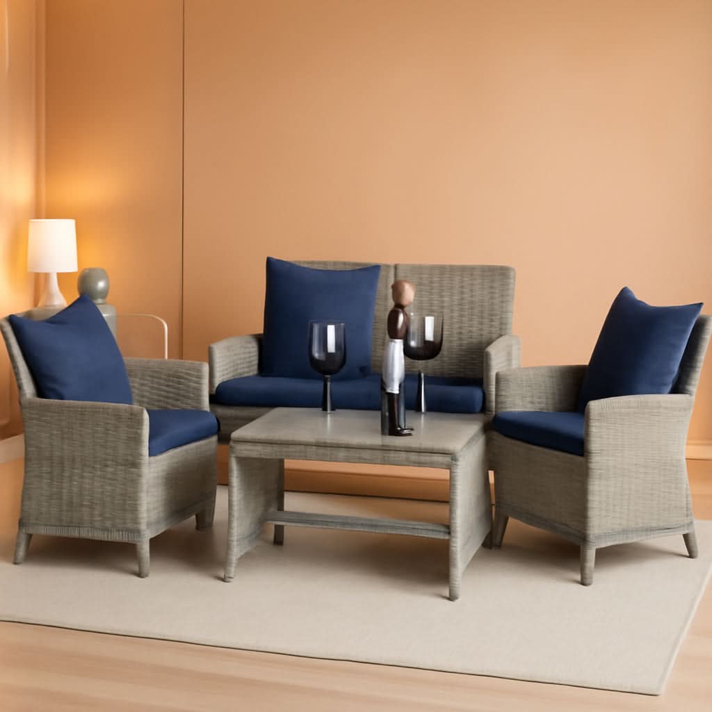 4 Piece Gray Navy Wicker Patio Conversation Set With Coffee Table
