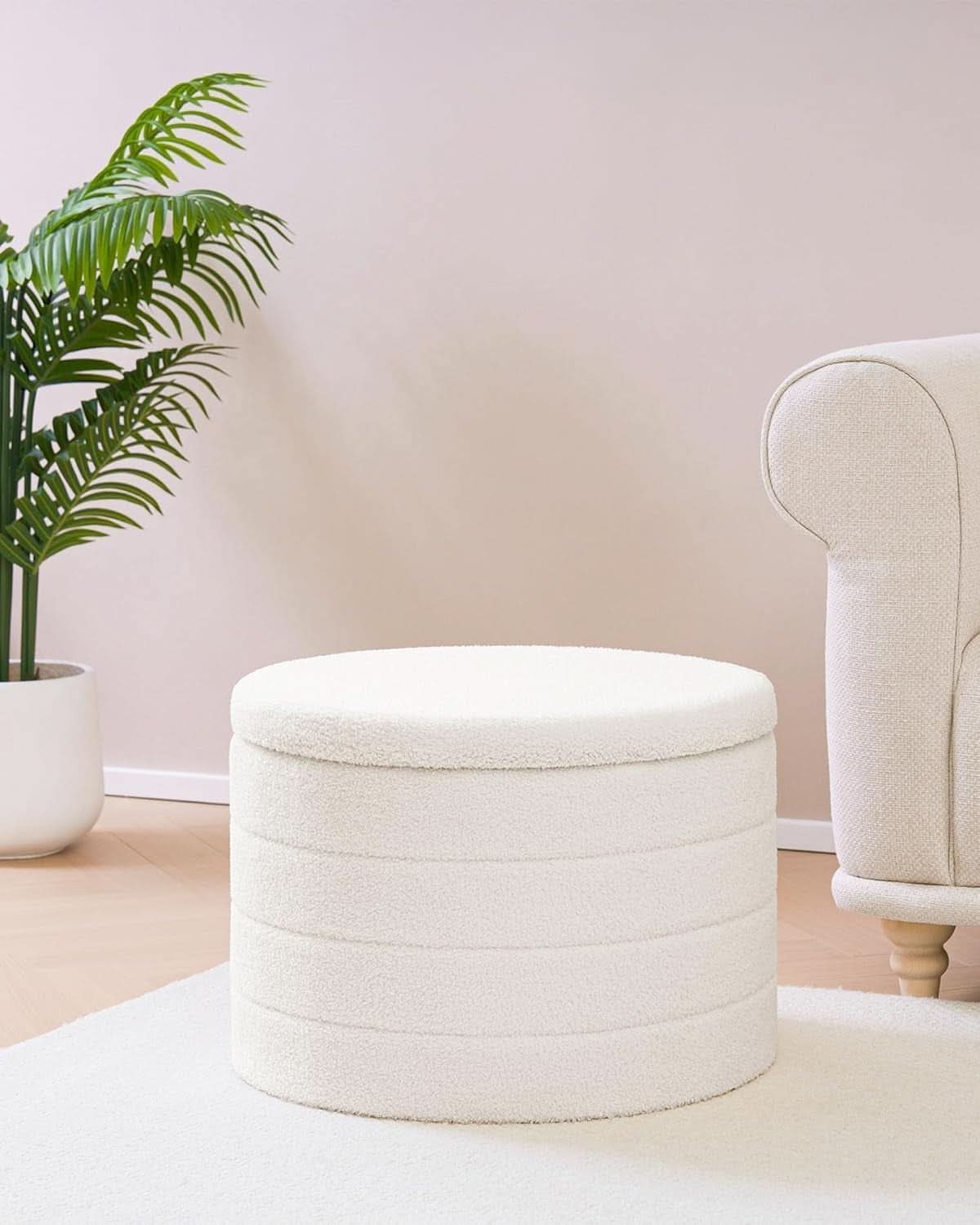 Round Sherpa Boucle Storage Ottoman White 22 Inches