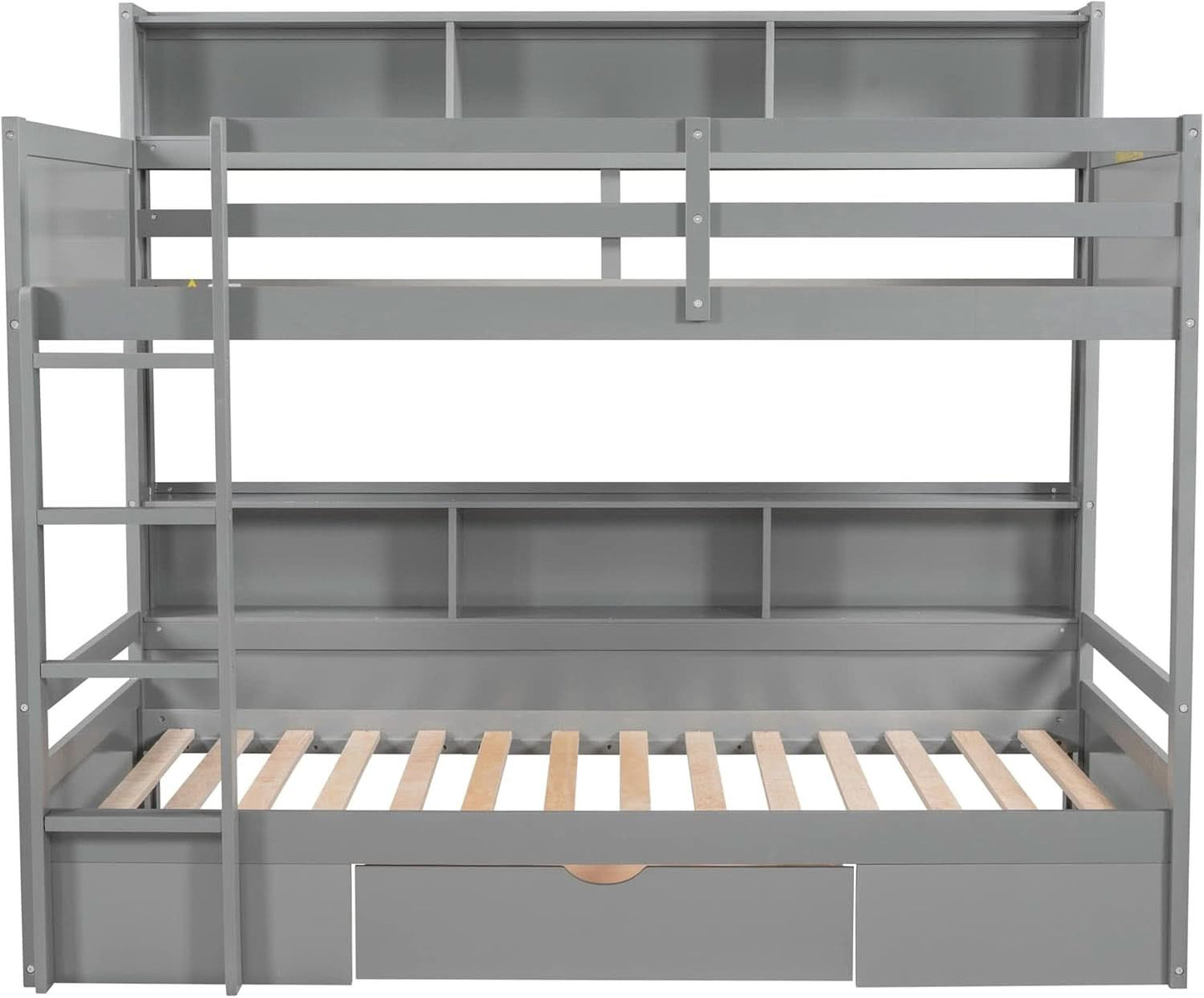 Grey Wood Twin Over Twin Bunk Bed With Storage Shelves And Drawer
