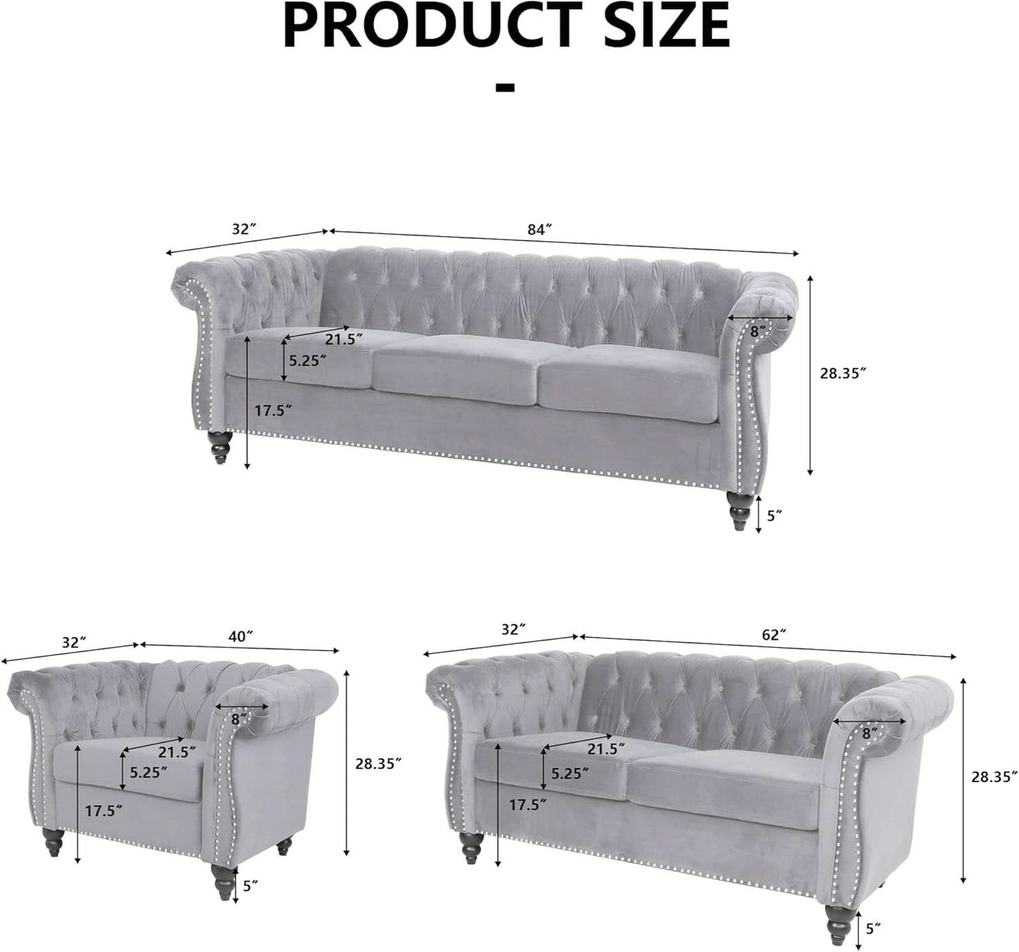 Three Piece Living Room Sofa Set Grey Velvet Chesterfield Sofa Club Chair Loveseat Nailhead Trim