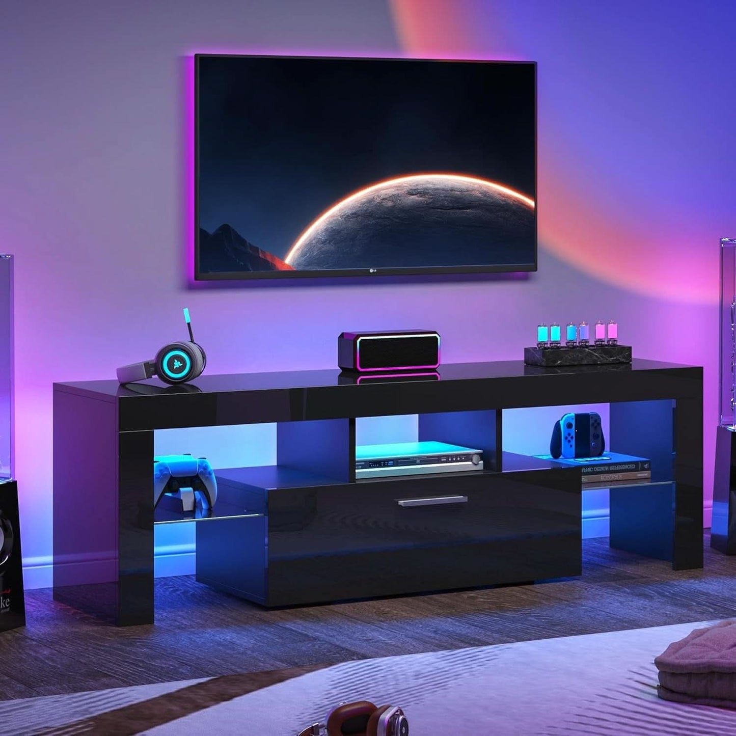 Black LED TV Stand With Large Storage Drawer For TVs Up To 55 Inches