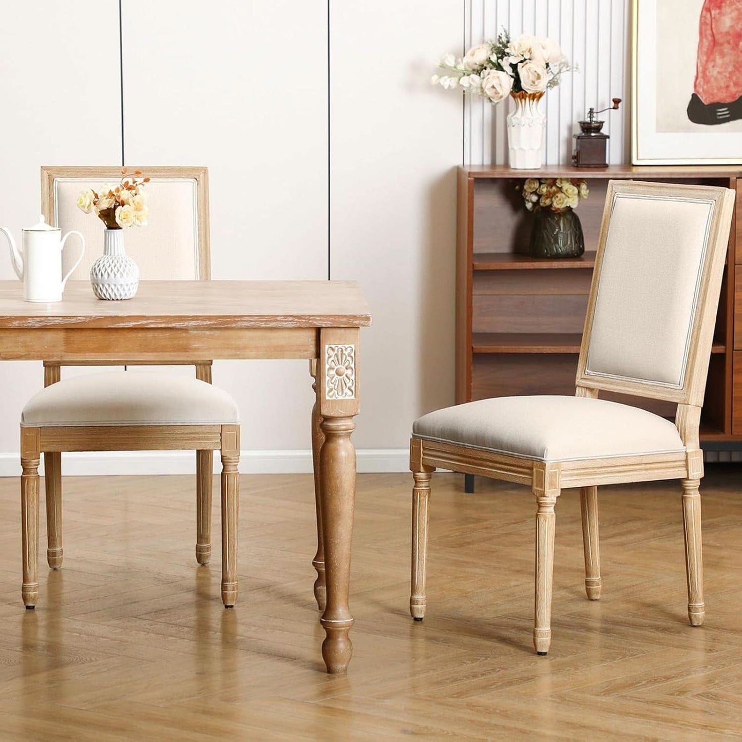 Beige Upholstered French Country Dining Chairs Set of 2
