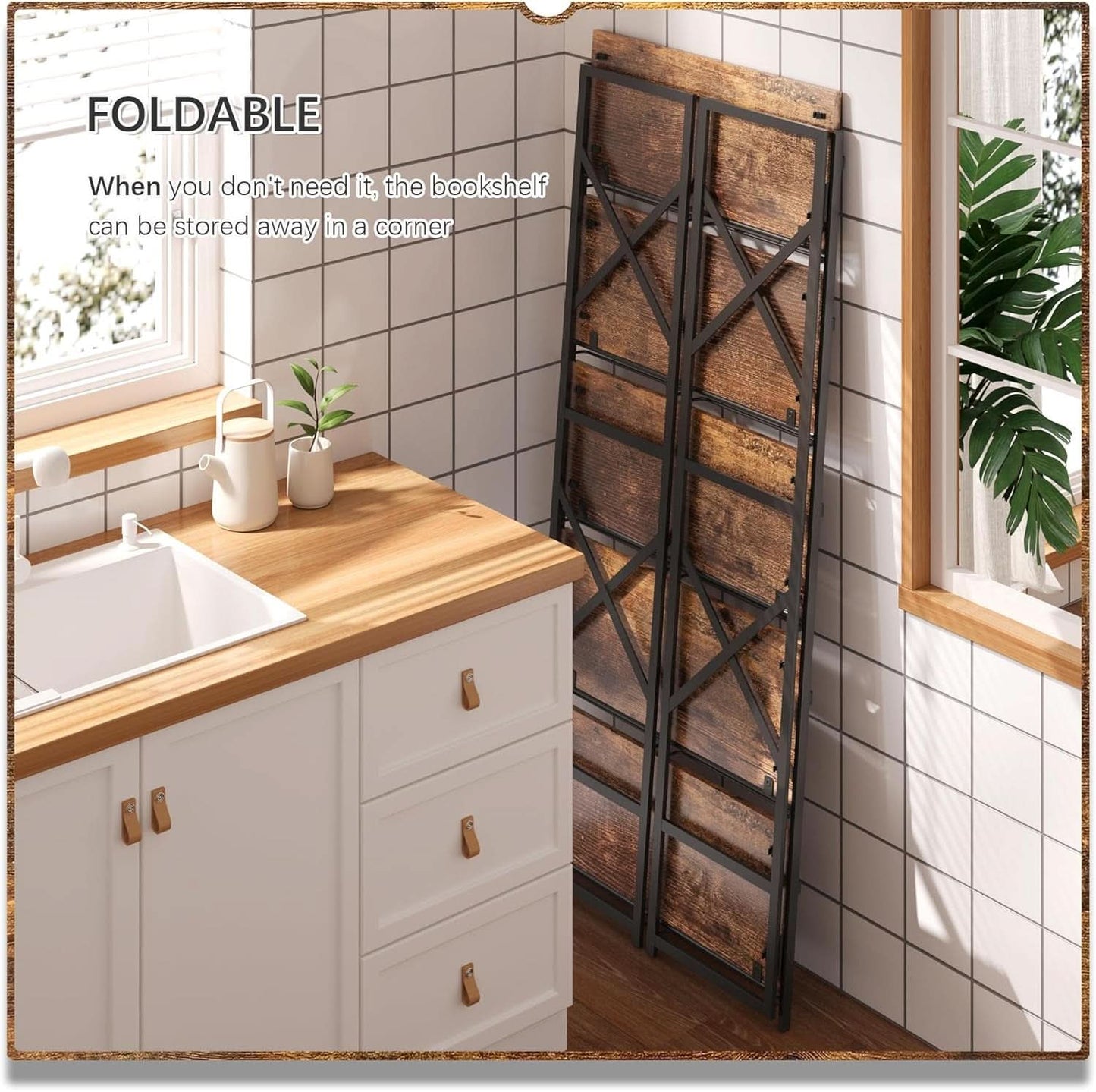 5 Tier Folding Bookshelf No Assembly Rustic Brown Storage