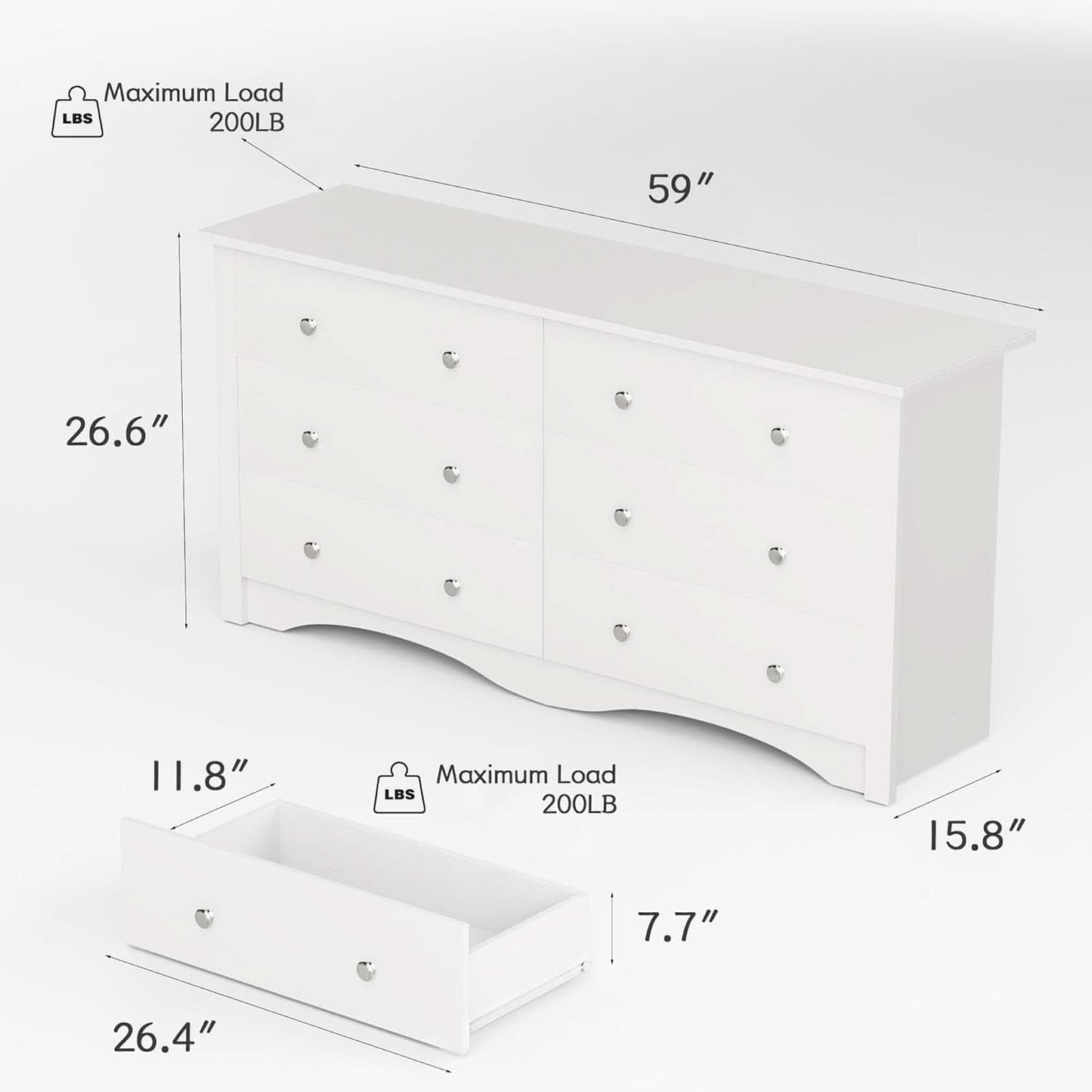White 6 Drawer Dresser With Smooth Metal Slides Storage