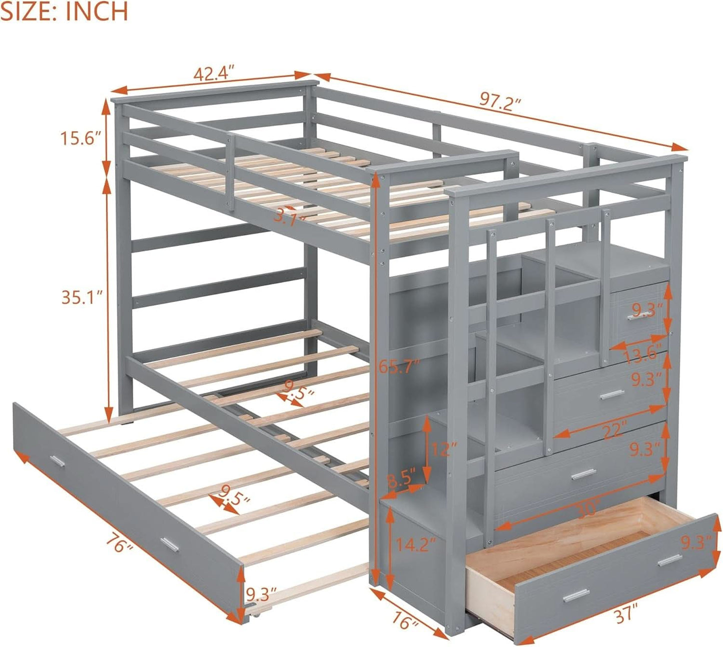 Natural Gray Twin Bunk Bed With Trundle And Stairs