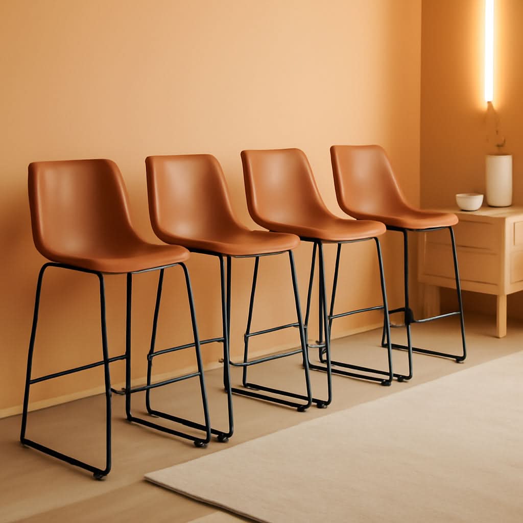 26 Inch Counter Height Bar Stools Set Of 4 With Back Brown Faux Leather And Metal Legs