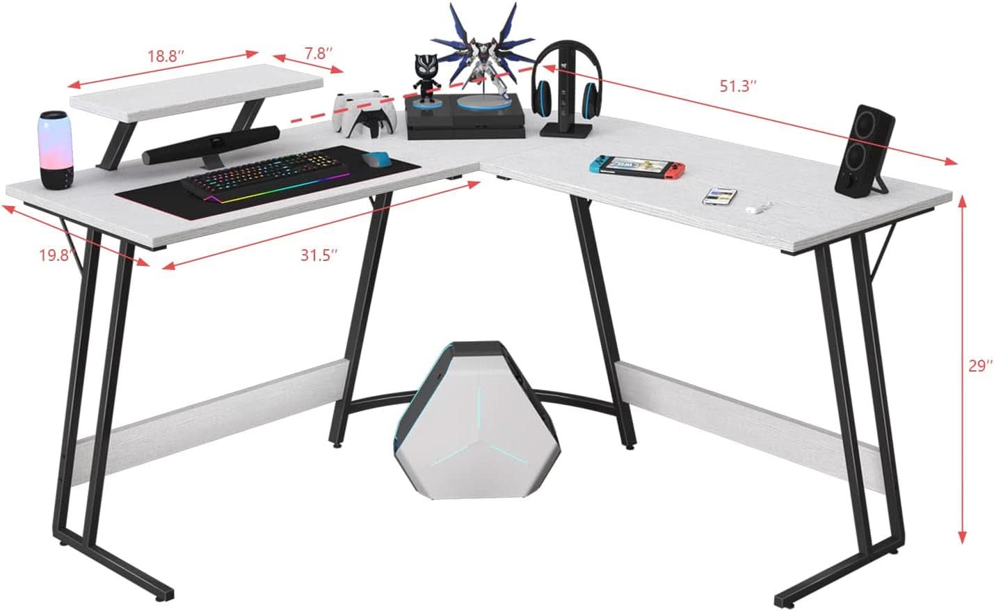 L Shaped Gaming Desk 51 Inch Monitor Riser Classical White
