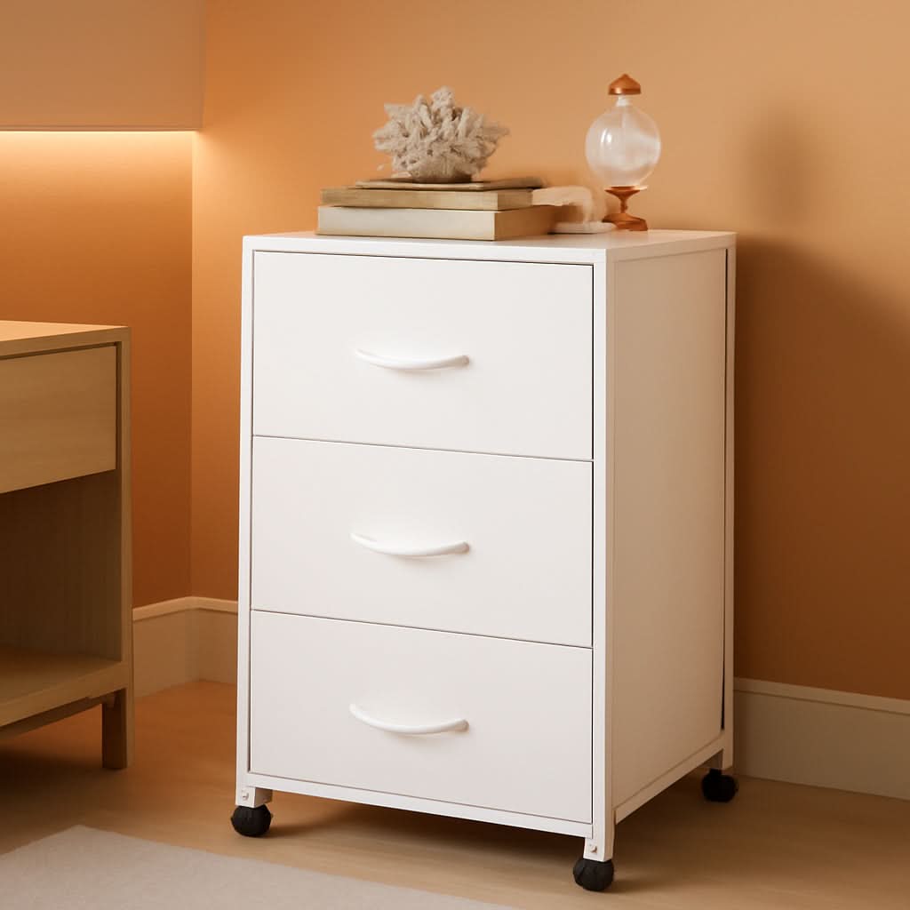 White Dresser With 3 Drawers And Wheels Wood Top Storage