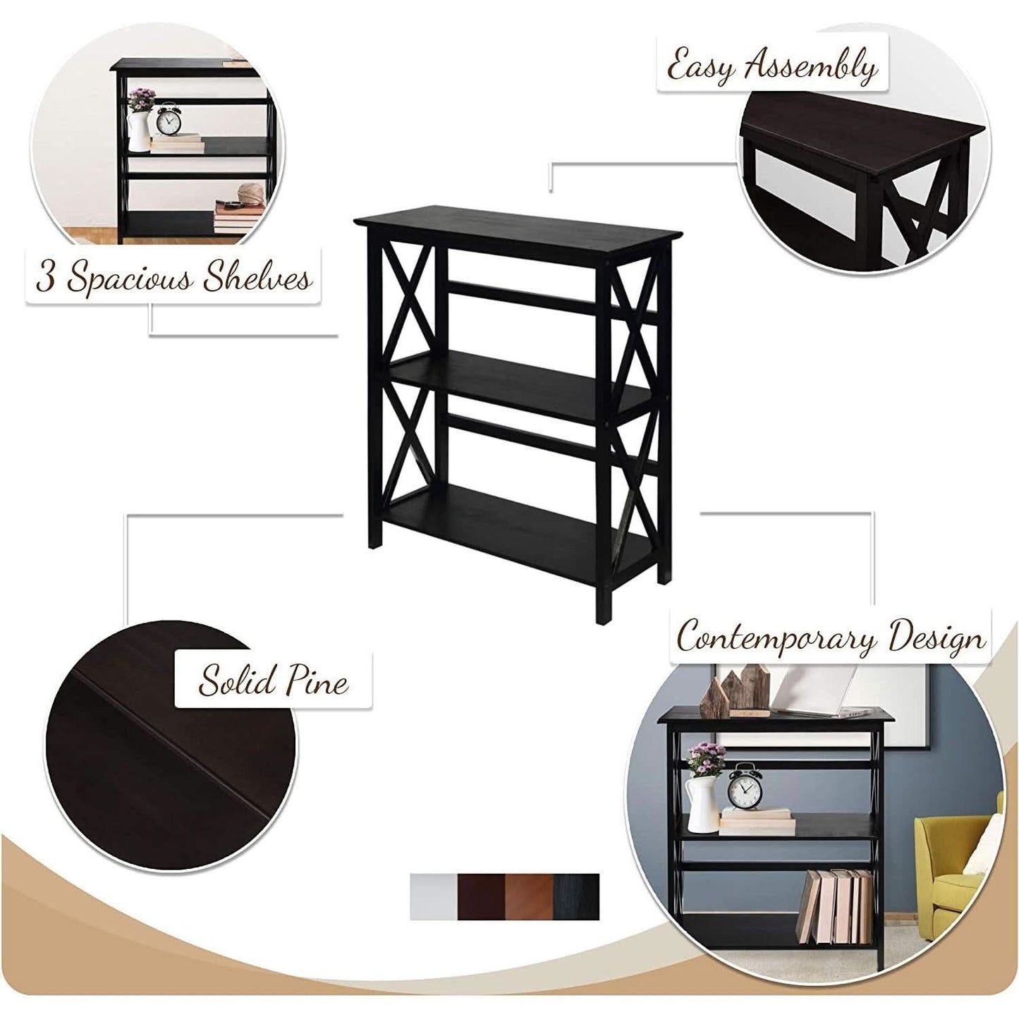 Shelf Bookcase With X Design Three Shelf Storage For Books