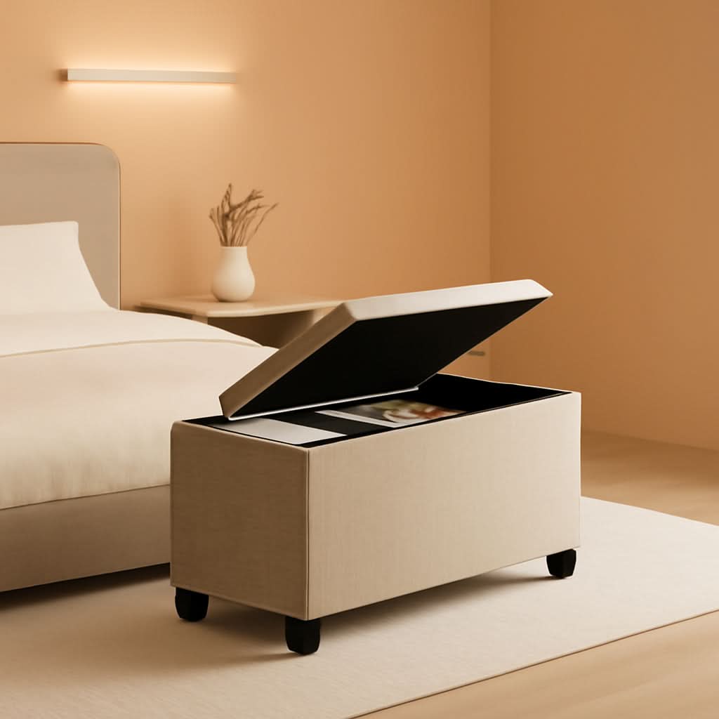 Ivory Linen Ottoman With Removable Storage Bins For Living Room