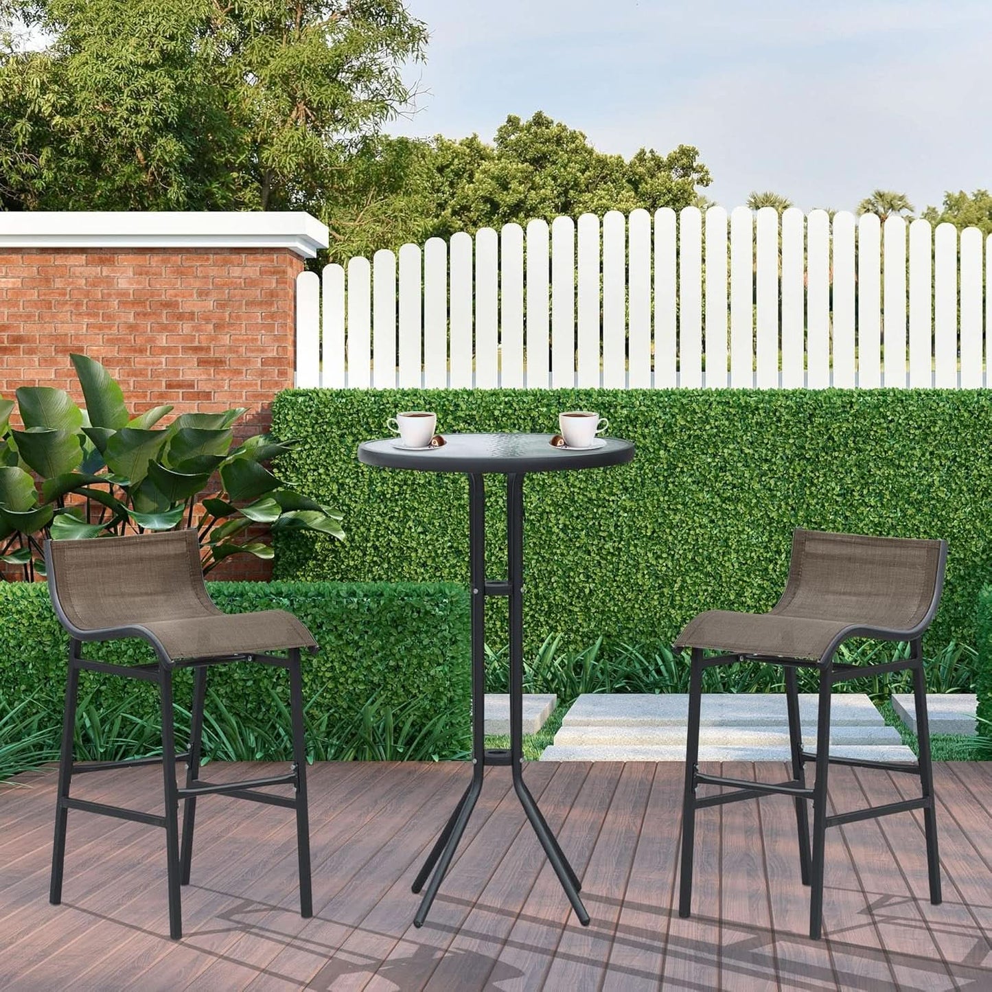 3 Piece Bar Height Outdoor Bistro Set For 2 With Tan Chairs For Outdoor Patio Use