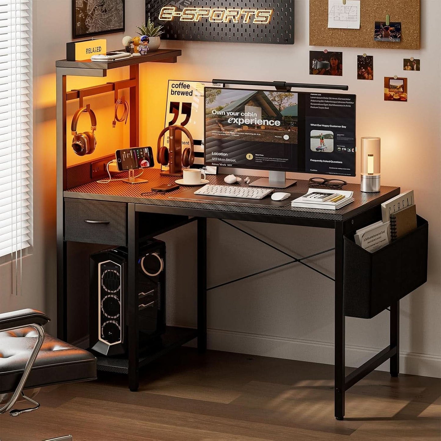 Gaming Desk 55 Inch With Power Outlet And Led Light Carbon Black