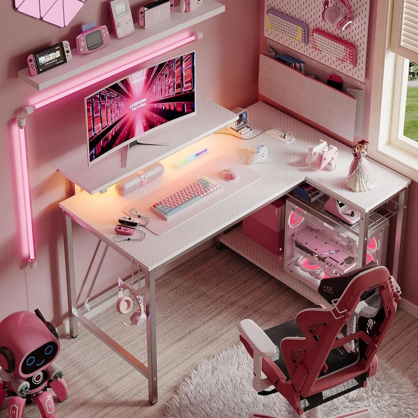 42 Inch L Shaped Gaming Desk With Integrated Power Outlets