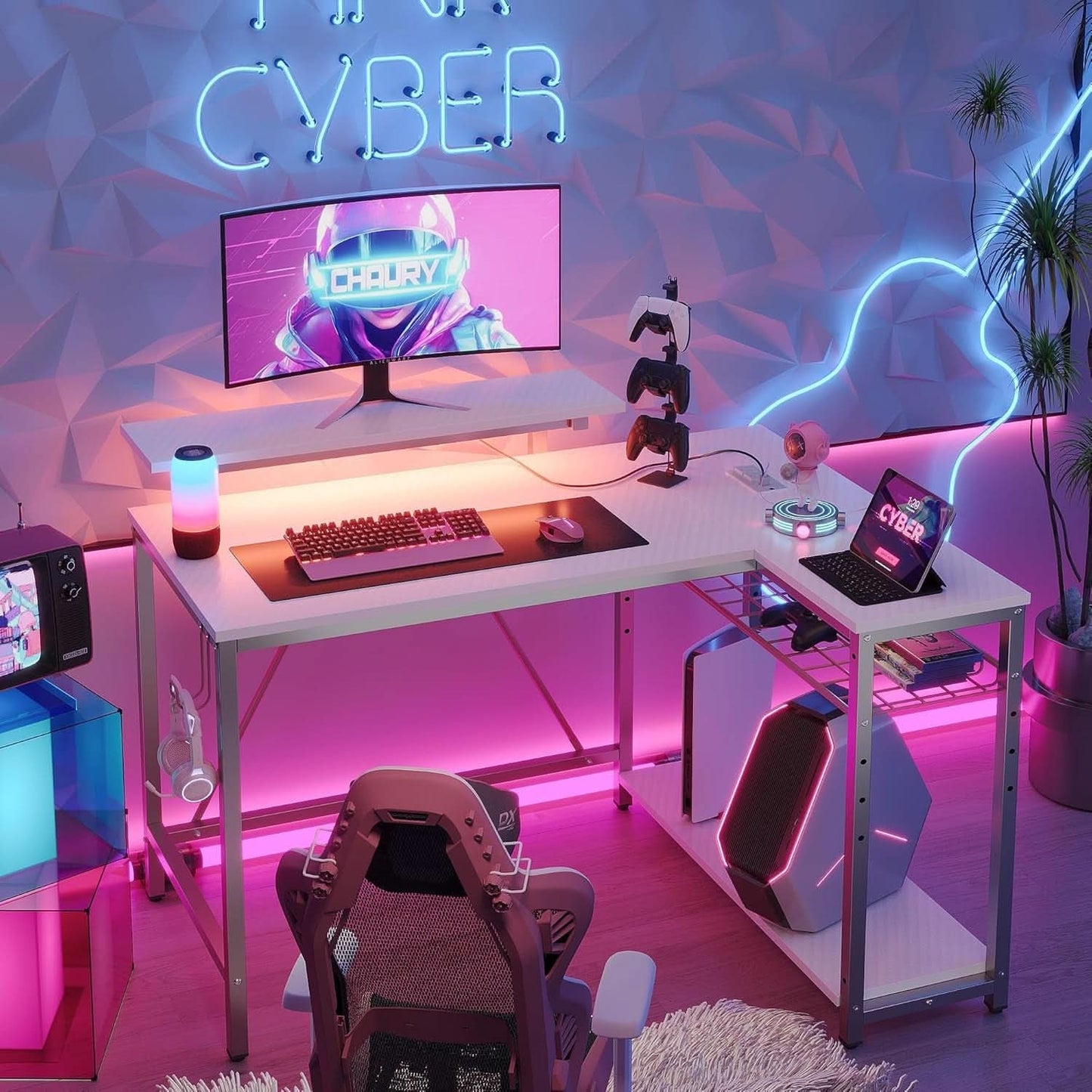 42 Inch L Shaped Gaming Desk With Integrated Power Outlets