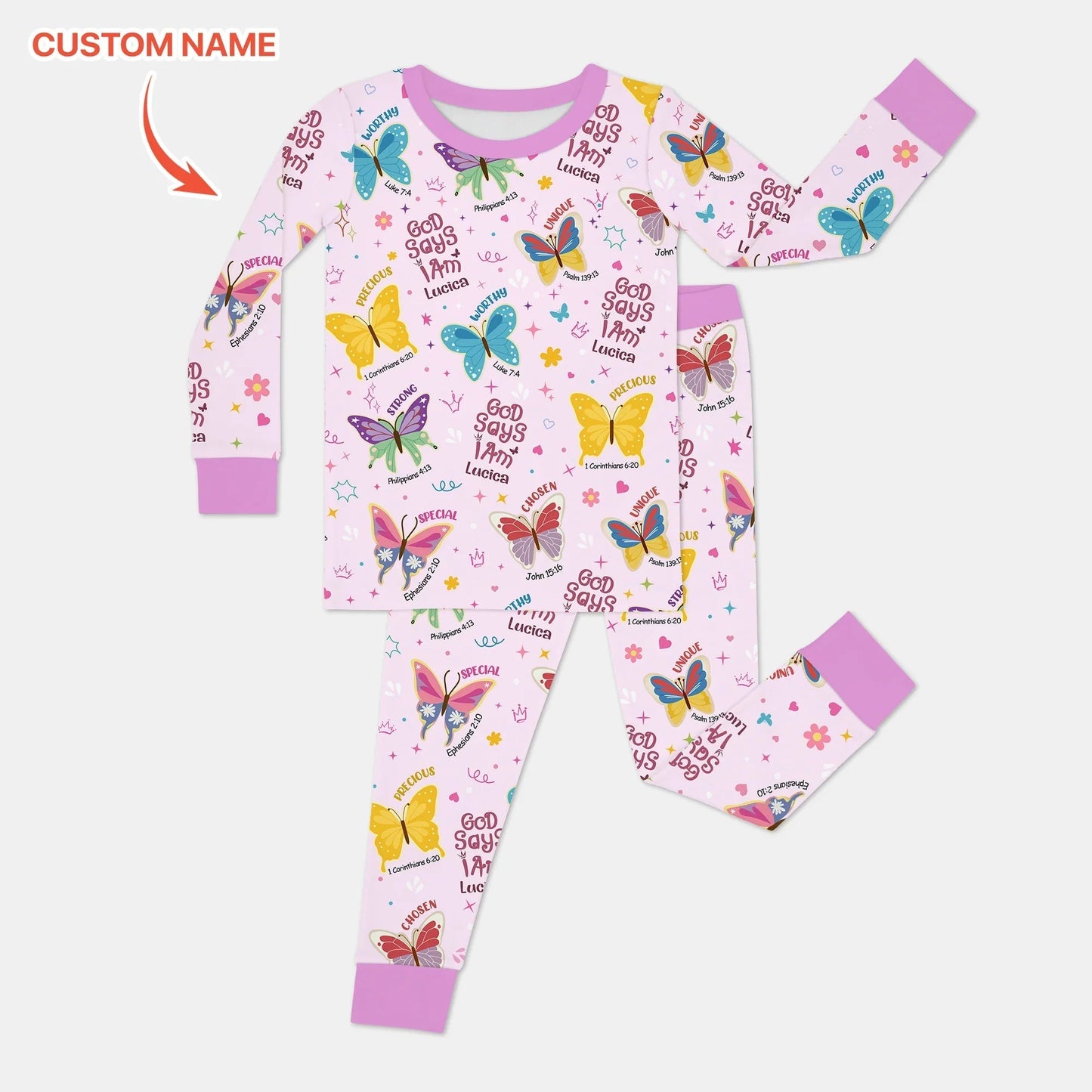 God Says I Am Custom Name Girl Two Piece Long Sleeve Pajama Set