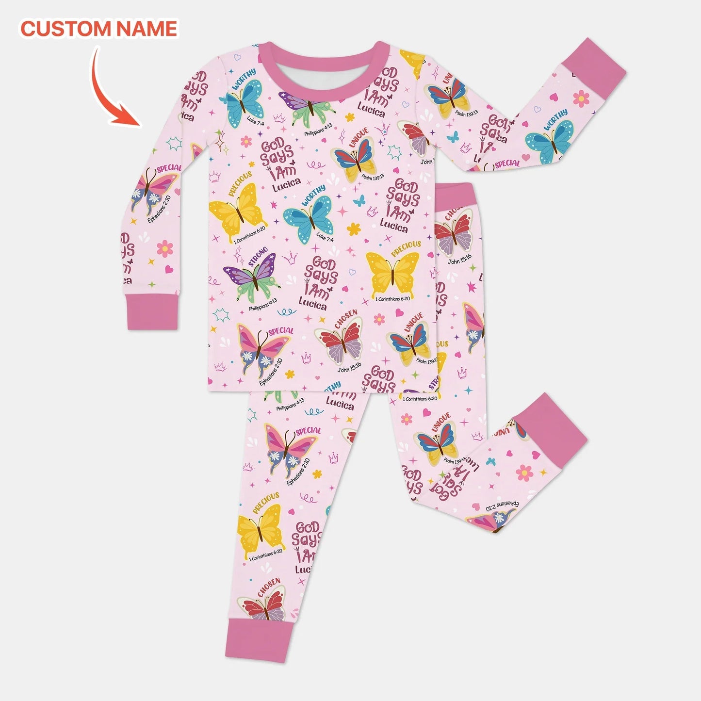 God Says I Am Custom Name Girl Two Piece Long Sleeve Pajama Set