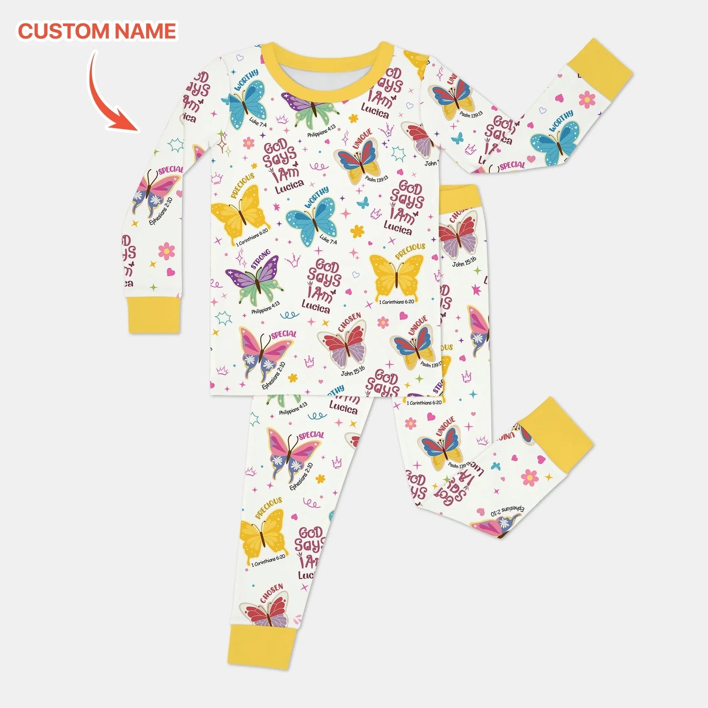 God Says I Am Custom Name Girl Two Piece Long Sleeve Pajama Set