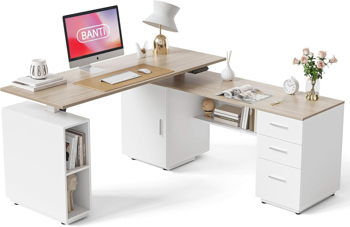 Height Adjustable L Shaped Electric Standing Desk With Storage