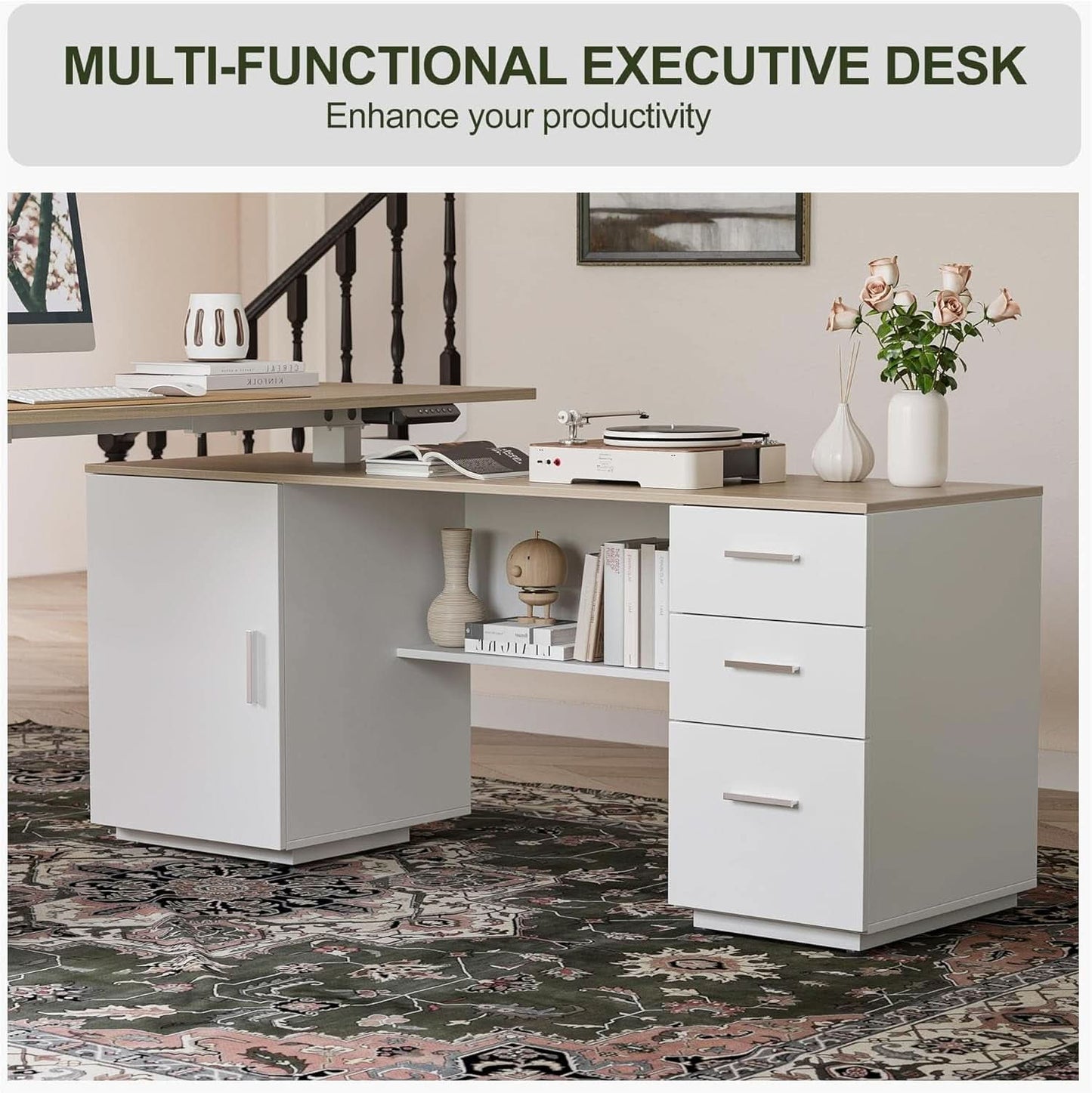 Height Adjustable L Shaped Electric Standing Desk With Storage