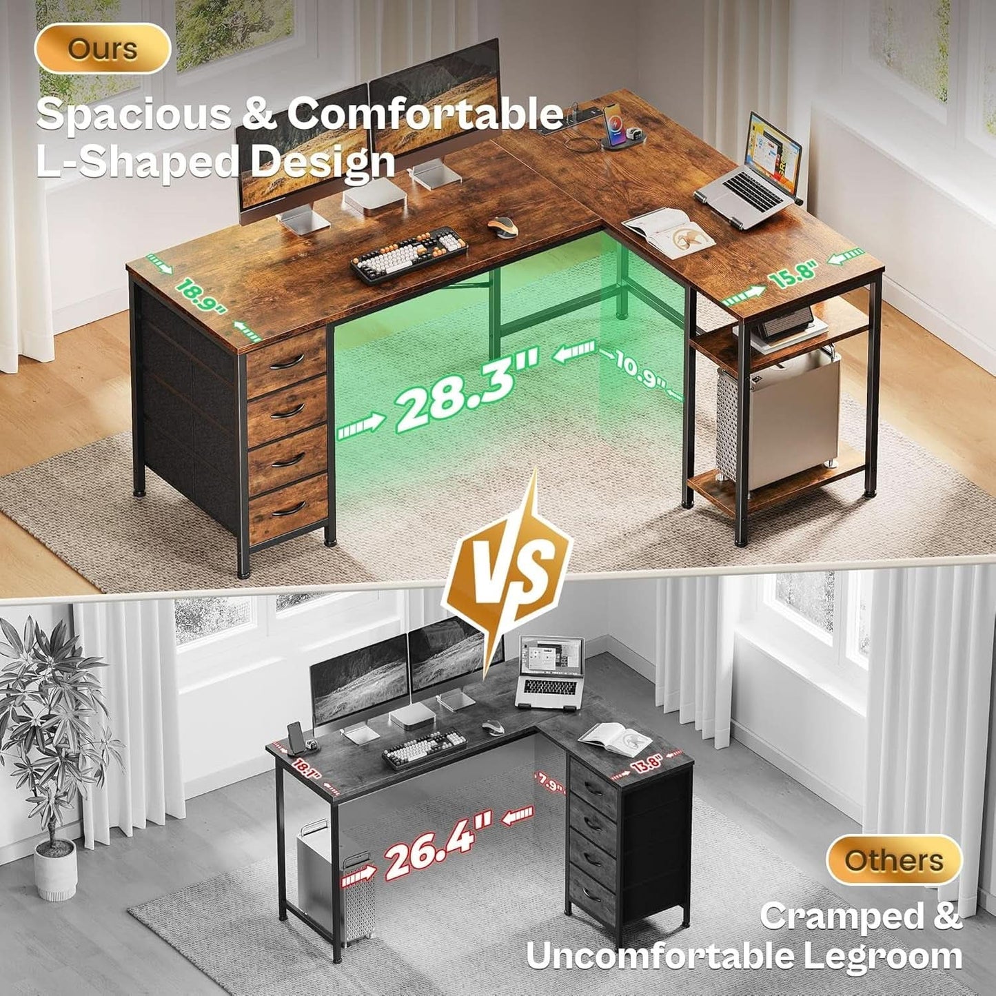 L Shaped Desk with Power Outlets and USB Port