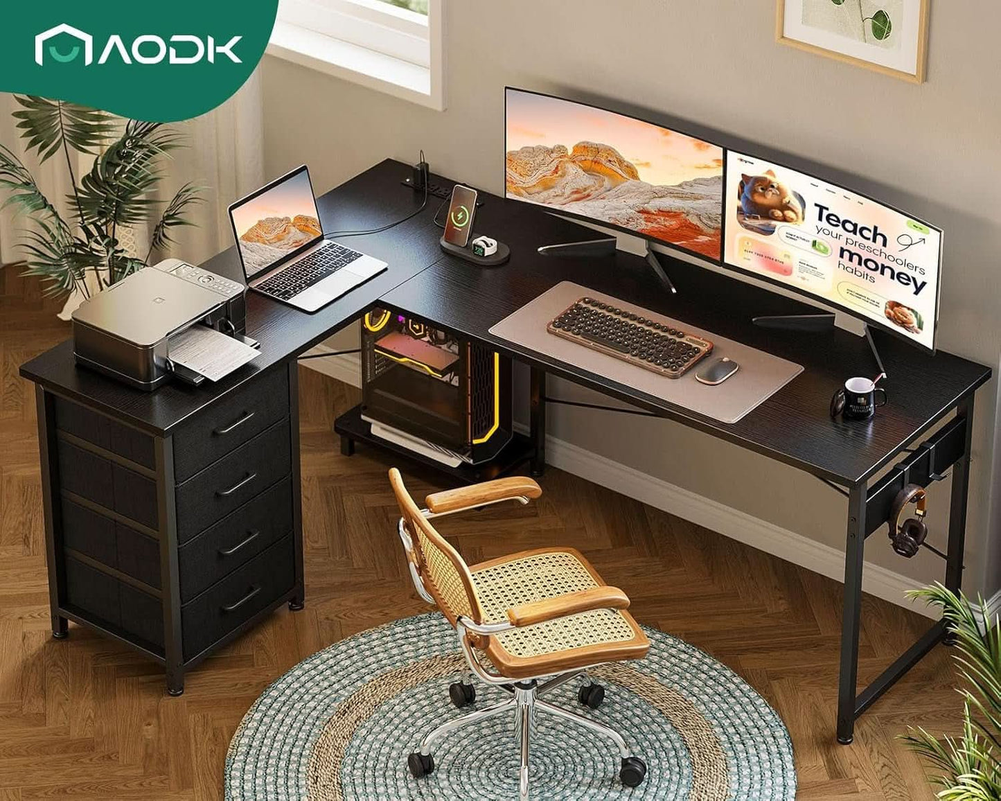 L Shaped Gaming Desk 61 Inch With Built In Power Outlets