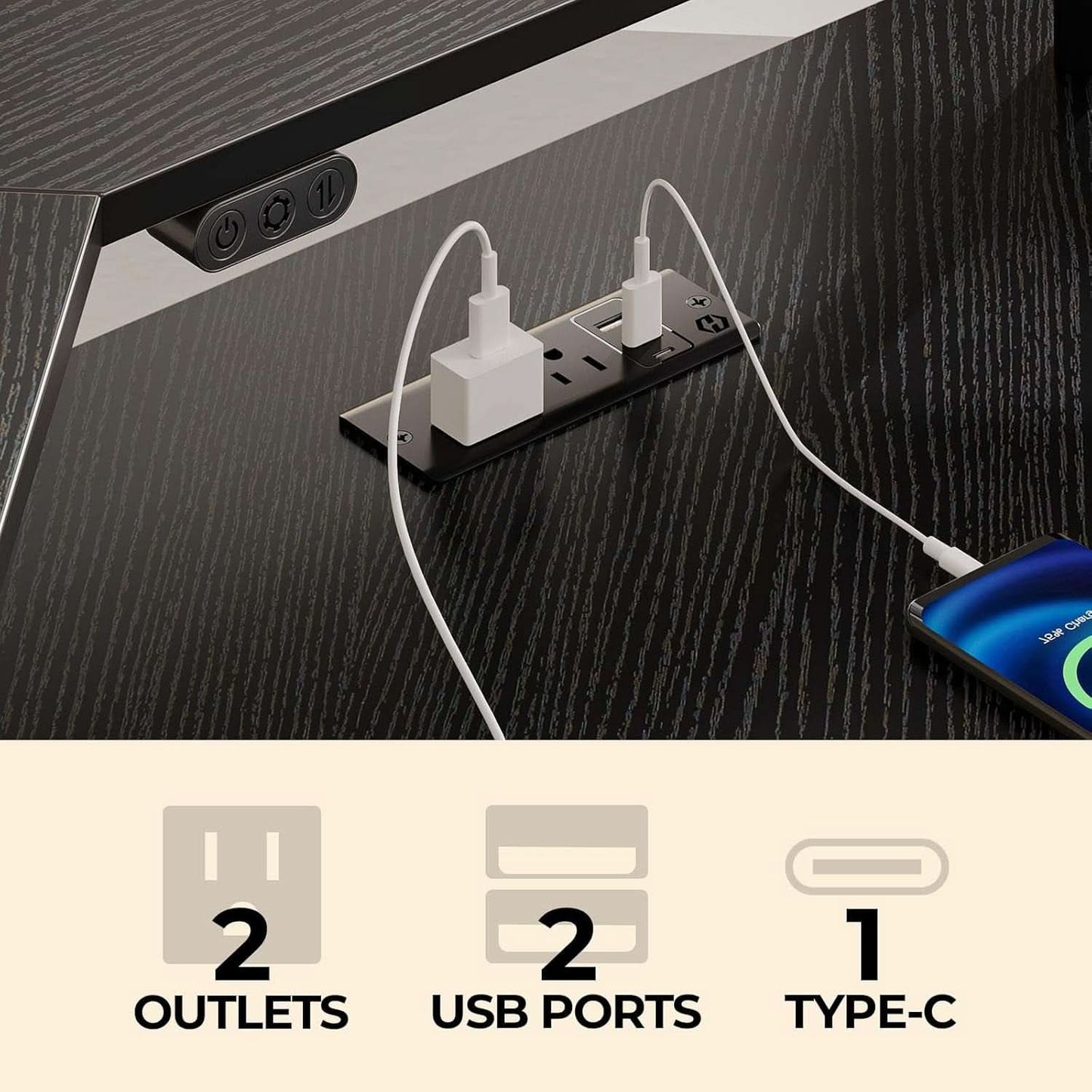 53 Inch L Shaped Gaming Desk With LED Light Kit And Outlets