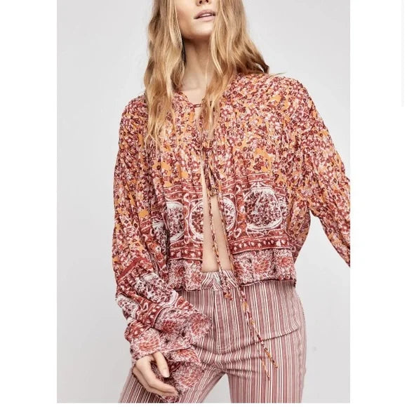 Free People Womens Lorraine Boho-Print Tie-Front Top, Orange Multi, Size Small