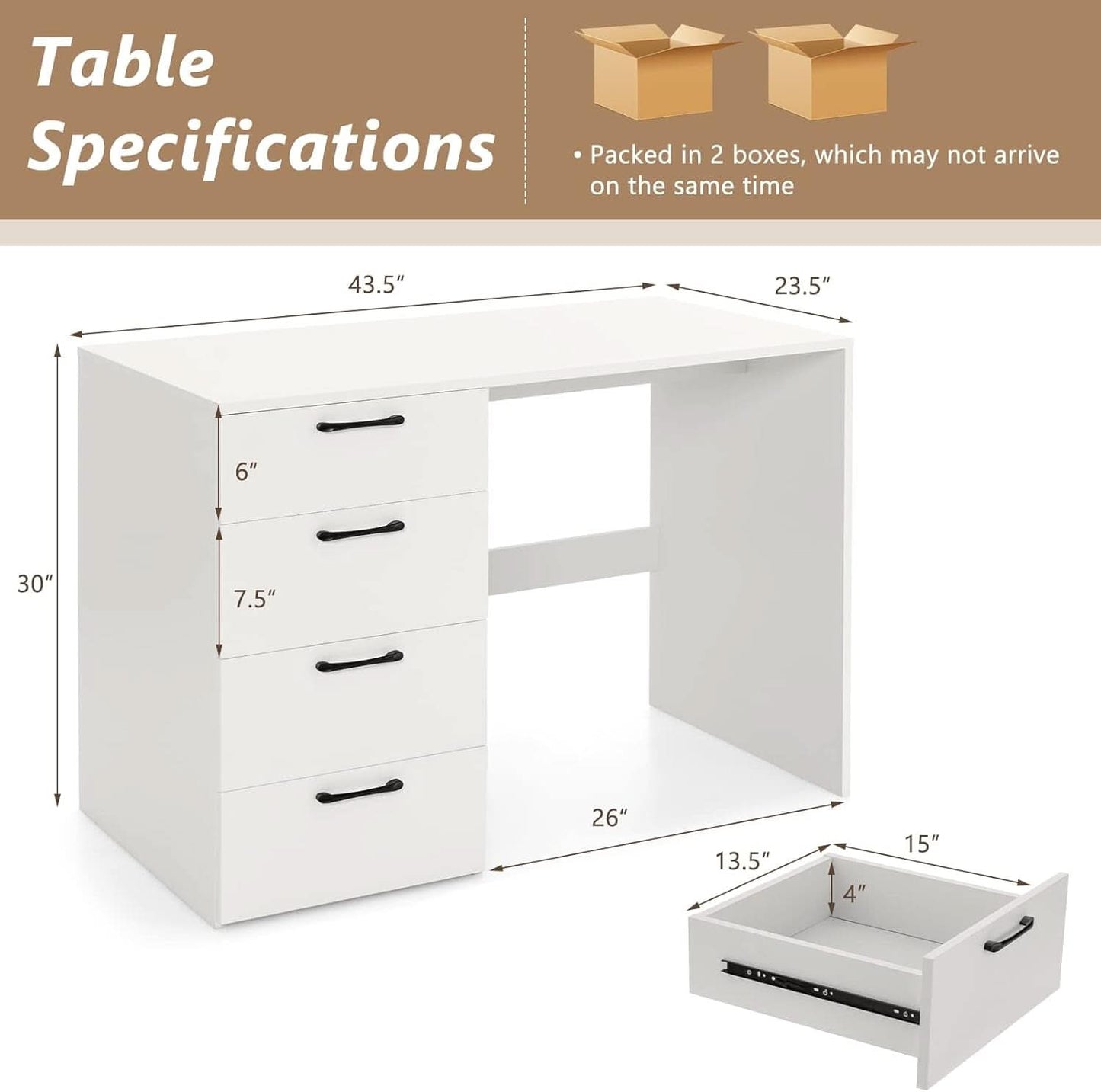 Modern White Computer Desk With Four Spacious Drawers