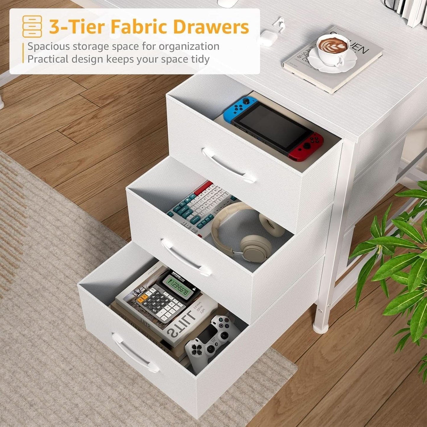 Modern White Computer Desk with Hutch and Drawers