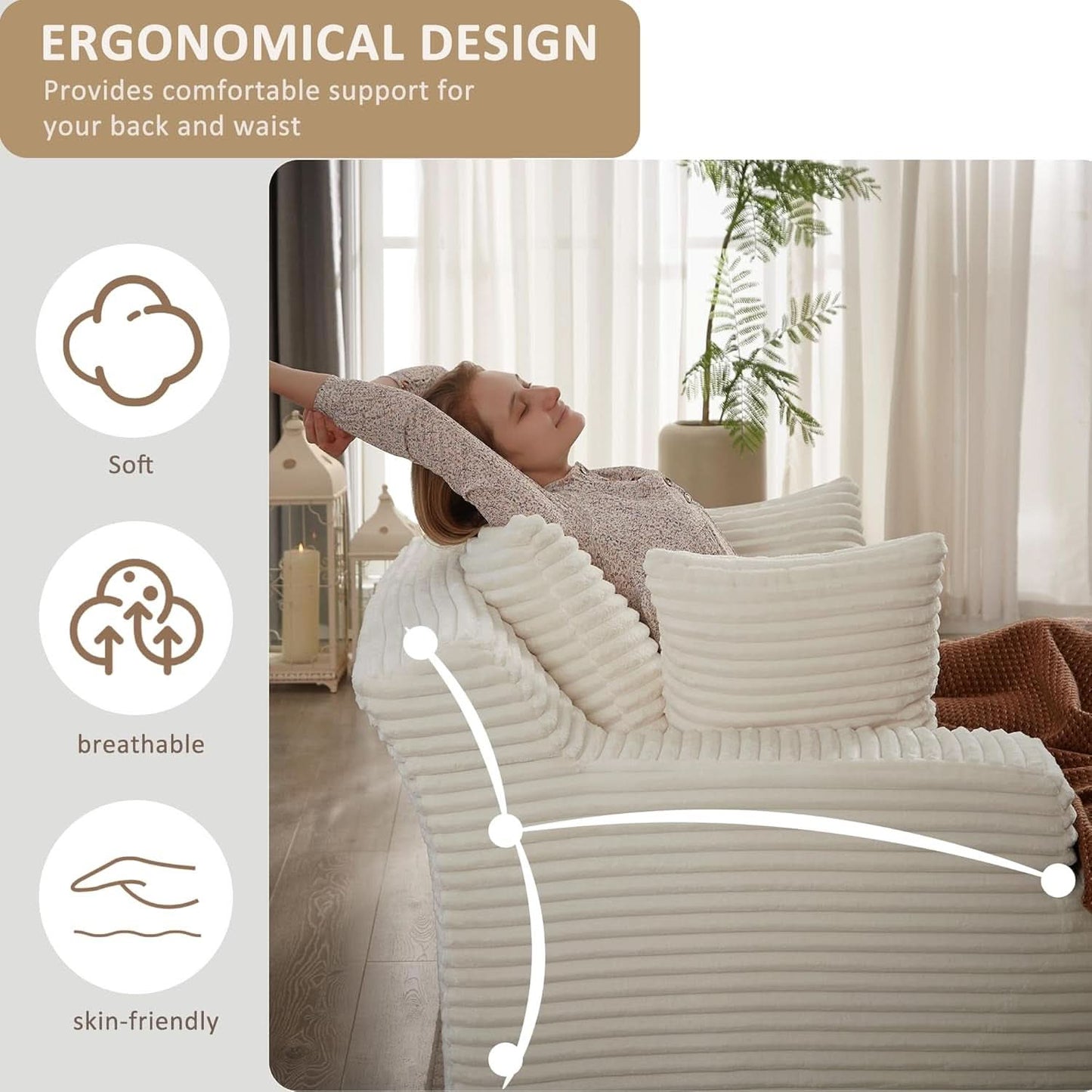 50-Inch Oversized Corduroy Chaise Lounge Chair in White with Pillows