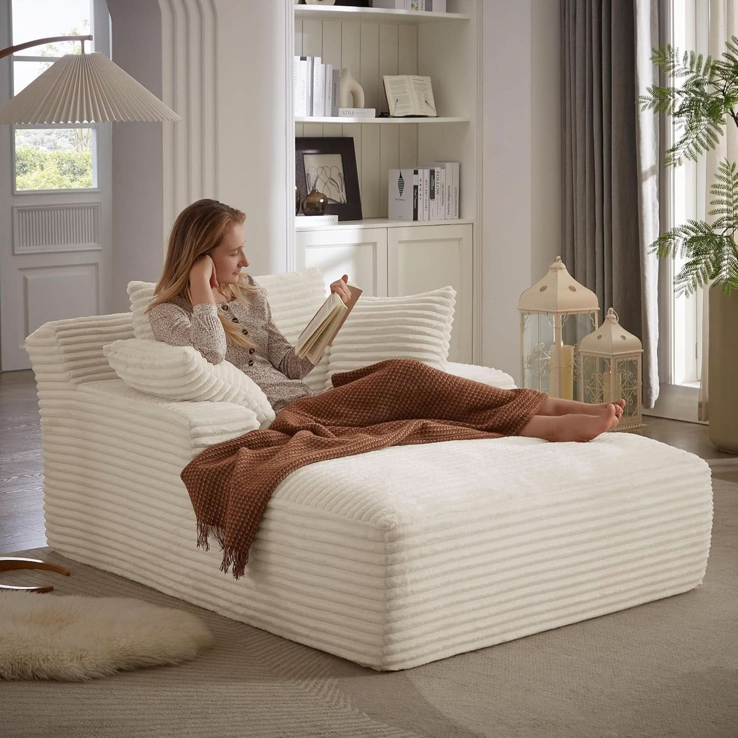 50-Inch Oversized Corduroy Chaise Lounge Chair in White with Pillows