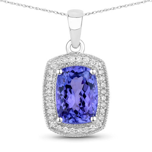 3.01 Carat Genuine Tanzanite and White Diamond 14K White Gold Pendant