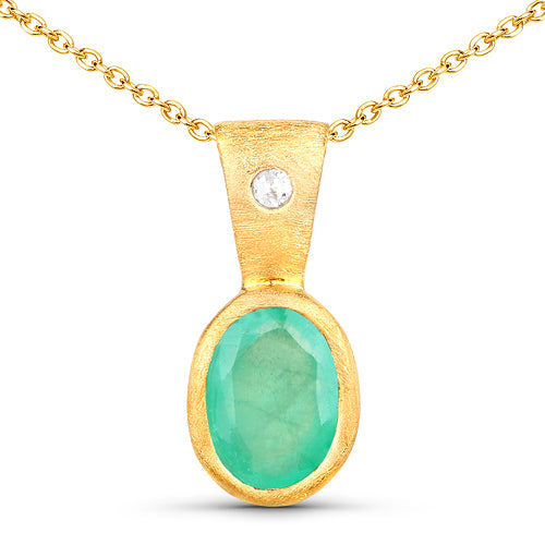 18K Yellow Gold Plated 0.67 Carat Genuine Emerald and White Topaz .925 Sterling Silver Pendant