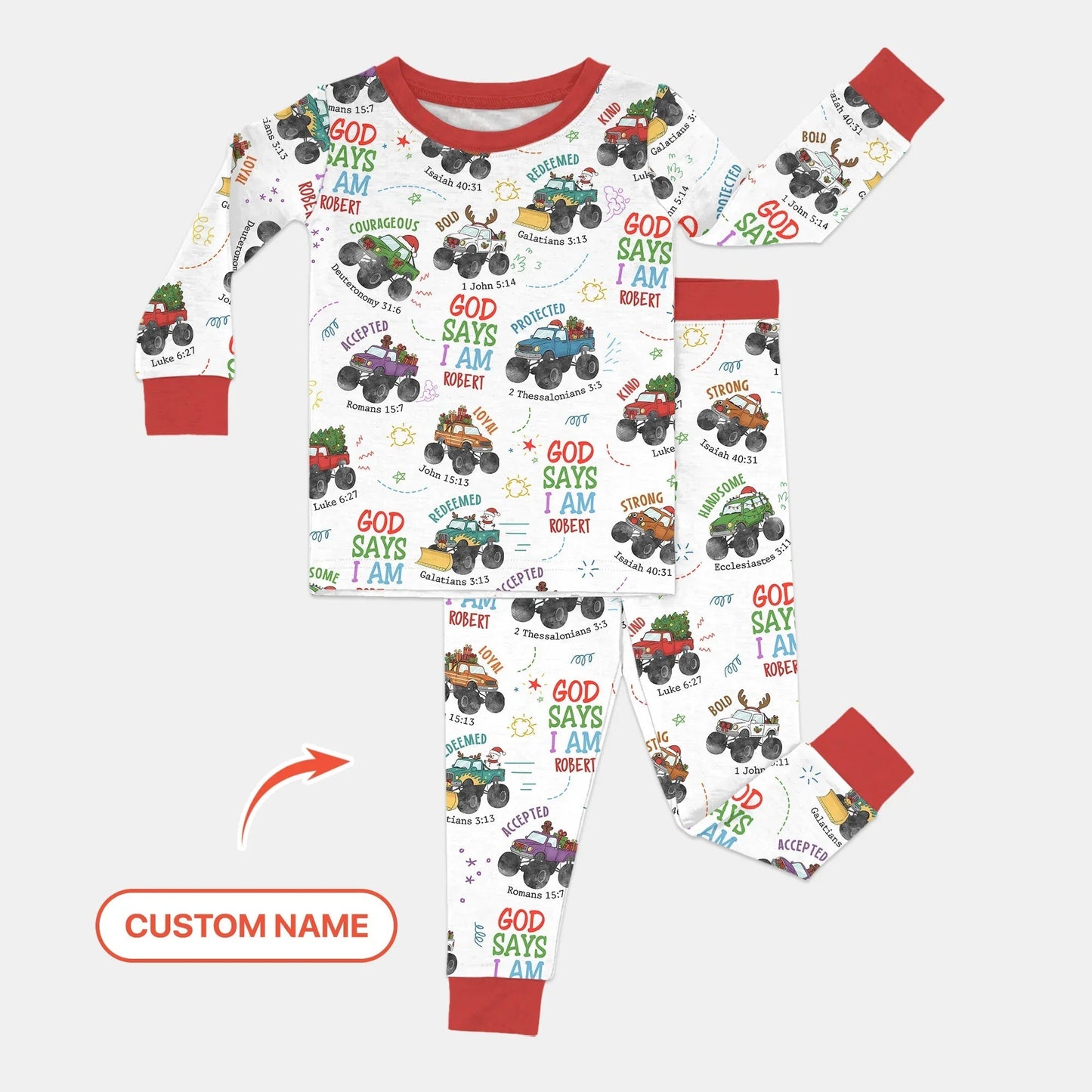 Personalized God Says I Am Christmas Monster Truck Two Piece Long Sleeve Pajama Set