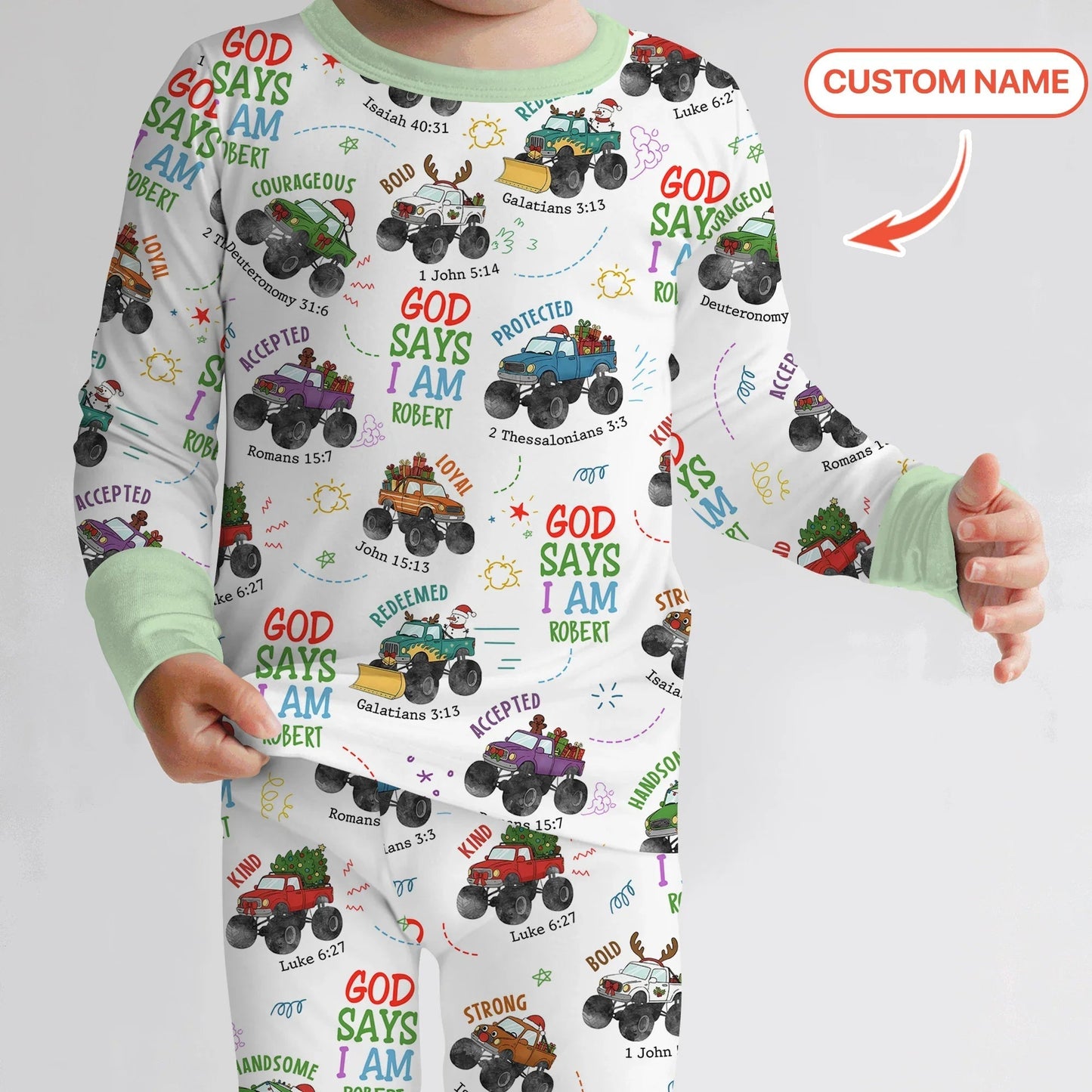 Personalized God Says I Am Christmas Monster Truck Two Piece Long Sleeve Pajama Set