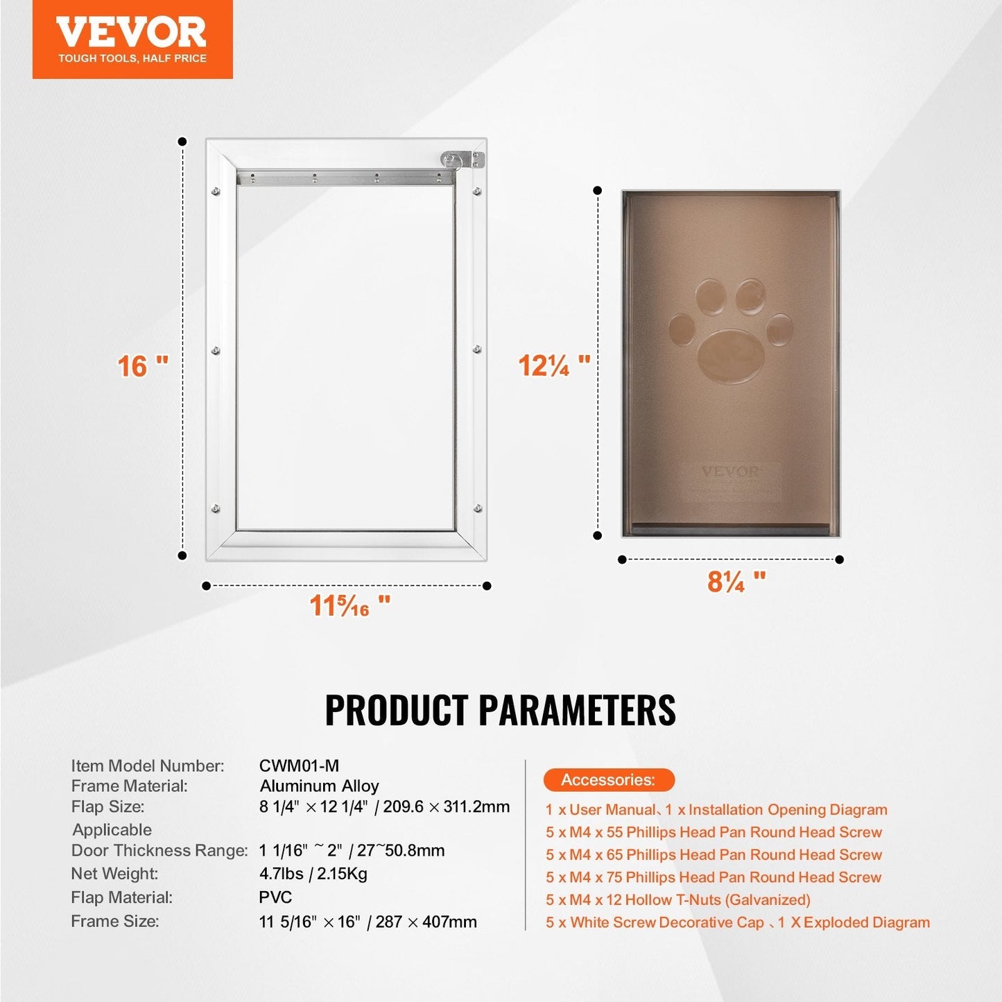 Pet Door, 11.3in x 16.02in?Aluminum?Frame with Lock and?Flap System,